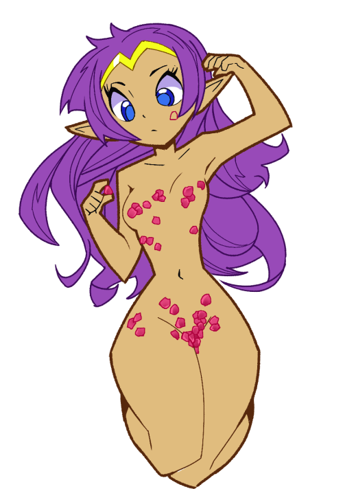 bad_censor censored covered covered_nipples covering_crotch dark_skin female flower_petals nude pointy_ears purple_hair rose_petals shantae shantae_(character)