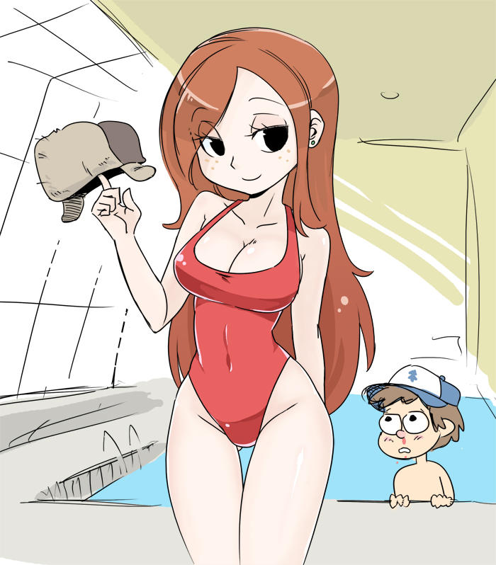 1boy, age difference, blood, blush, blush lines, breasts, brown hair, cleavage, dipper pines, disney, disney channel, duo, ear piercing, eyelashes, female, gravity falls, human, indoors, large breasts, lifeguard, light skin, light-skinned female, light-skinned male, looking at viewer, male, nosebleed, older female, one-piece swimsuit, pale skin, pale-skinned female, pine tree (symbol), pool, poolside, red hair, redhead, shepherd0821, smile, smooth skin, standing, swimsuit, that pool, thigh gap, wendy corduroy, younger male