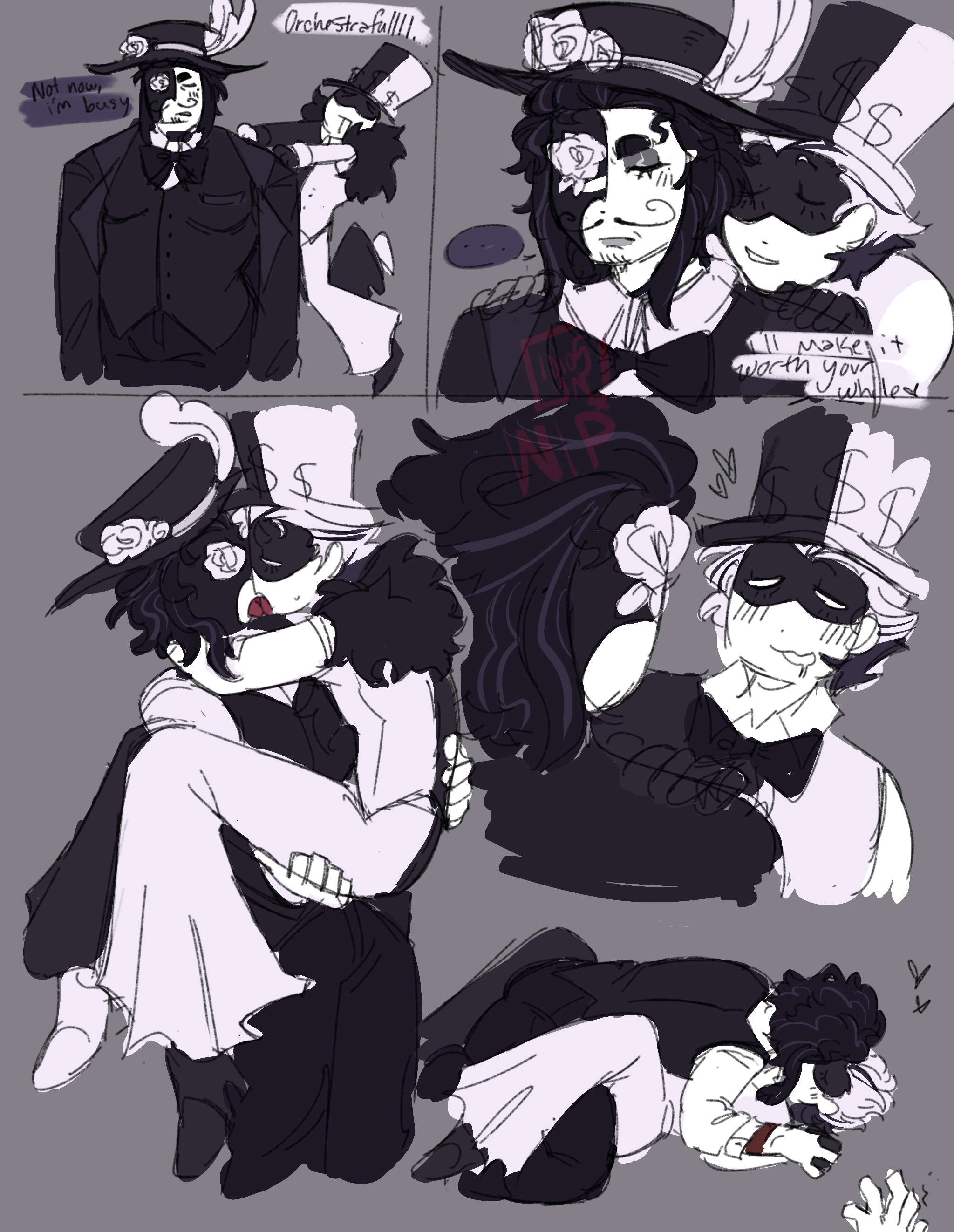 artful (die of death), artistry (die of death), carrying partner, clothed, dialogue, die of death (roblox), english text, gay, idiosyncratic, kissing, making out, male/male, orchestraful (die of death), pinned down, roblox, roblox game, robloxian, self upload, selfcest, square crossover, tagme, text, wip