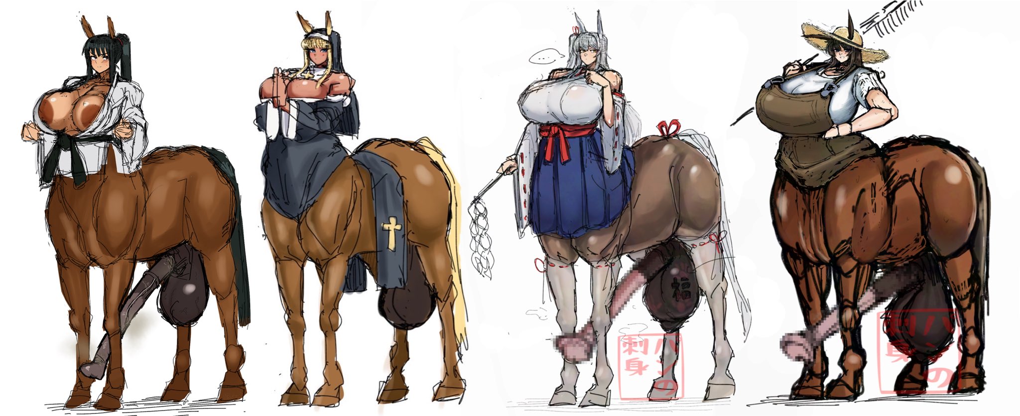 anus, big ass, big breasts, boobs, bottomless, centaur, centauress, condom, cum, futa, futanari, horsecock, horsecock futa, huge breasts, monster, monster girl, mythological creature, mythology, taur, text, weizenbrot1016