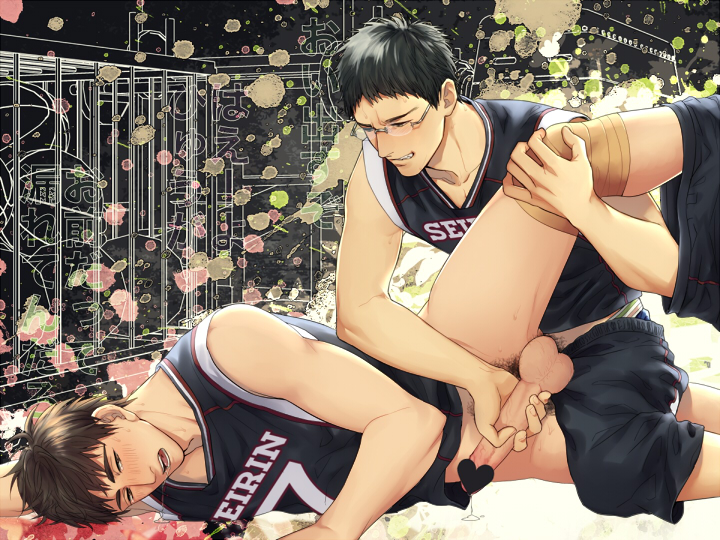 2boys anal blush glasses handjob junpei_hyuga kuroko_no_basuke male_only multiple_boys sex shiru_(pepeelotion) teppei_kiyoshi yaoi