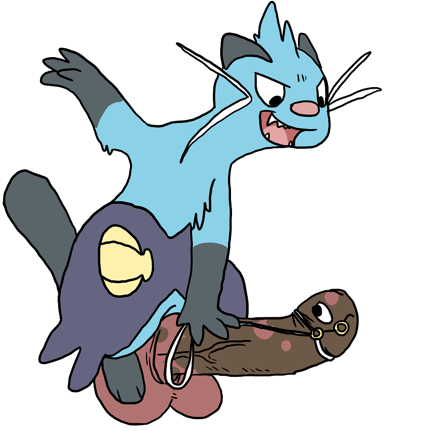 2016 balls blue_fur dewott dildo disembodied_penis fur humor male mammal mustelid nintendo otter paintdog penis pokemon pokemon_(species) reins riding sex_toy simple_background teeth video_games white_background