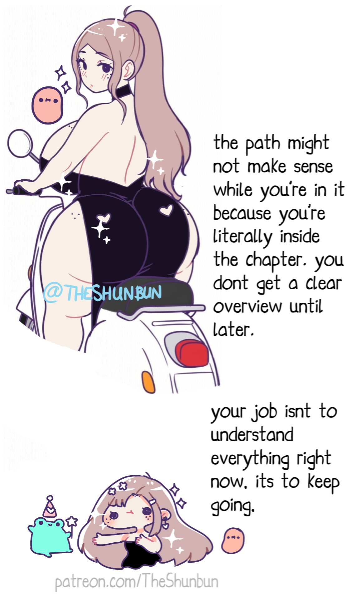 1girls, ass visible through clothes, back view, beautiful girl, beauty mark, behind view, big ass, big breasts, black dress, blush, blushing, booty, chibi, chibi style, choker, curvaceous, curvy, curvy figure, cute, dress, dumptruck ass, dumptruck butt, earrings, emotional support, encouragement, encouraging viewer, fat ass, female focus, freckles, freckles on face, frog, hourglass figure, hourglass figured female, kawaii potato, looking at viewer, massive ass, motivational, motorcycle, original character, patreon username, ponytail, potato, russet (theshunbun), same character, same person, sitting, solo female, solo focus, sparkles, tagme, theshunbun, tight clothing, voluptuous, voluptuous female, wholesome, wholesome as fuck, wholesome end