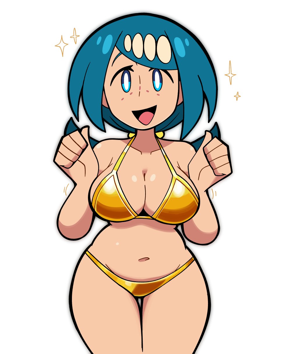 1girls, 2026, big breasts, blue eyes, blue hair, cleavage, gold bikini, golden week, lana's mother (pokemon), milf, pokemon, pokemon (anime), pokemon sm (anime), scott falco, solo, solo female, tagme