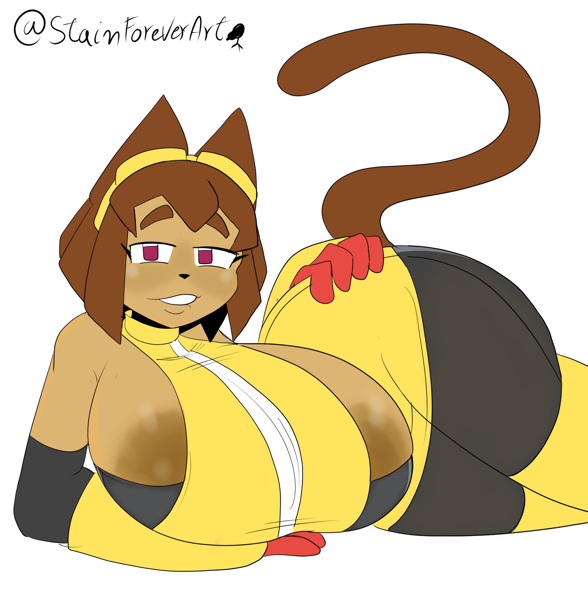 big breasts, cat ears, cat tail, catgirl, gameoverse, huge breasts, huge thighs, kit (gameoverse), kit bodega, laying on side, solo, stainforeverart, thick thighs, wide hips, wide thighs