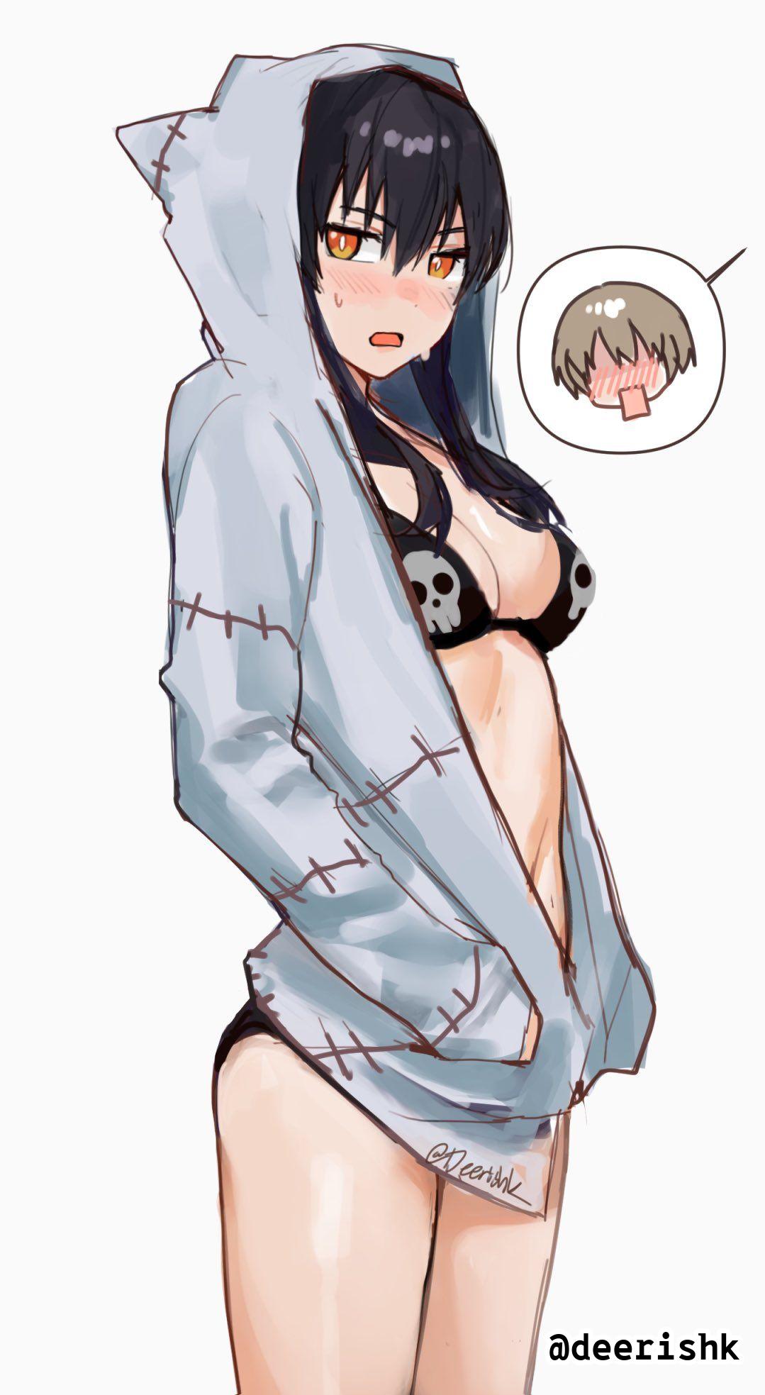 1boy, 1girls, 2d, 2d (artwork), 2d artwork, ashamed, belly, belly button, big boobs, big breasts, bikini, bikini bottom, bikini top, black bikini, black bikini bottom, black bikini top, black hair, black swimsuit, black swimwear, black-haired female, blush face, blush lines, blushing, blushing female, blushing lines, breasts, busty, busty female, busty girl, busty teen, busty teenager, cleavage, collarbone, deerishk, digital, digital art, digital drawing, digital drawing (artwork), digital media, digital media (artwork), drawing, embarrassed, embarrassed expression, embarrassed female, en'en no shouboutai, enen no shouboutai, female, female focus, fire force, flushed, flushed face, from side, groin, hair between eyes, high resolution, highres, hoodie, kotatsu tamaki, large boobs, large breasts, lean figure, long hair, looking at viewer, looking sideways, looking to the side, male, midriff, narrow waist, navel, open mouth, orange eyes, orange-eyed female, parted lips, side view, sidelocks, simple background, slender body, slender waist, slim female, slim waist, standing, swimsuit, swimwear, teenage tits, thighs, three-quarter view, tongue, top view, twintails, twintails (hairstyle), upper body, white background, white pupils