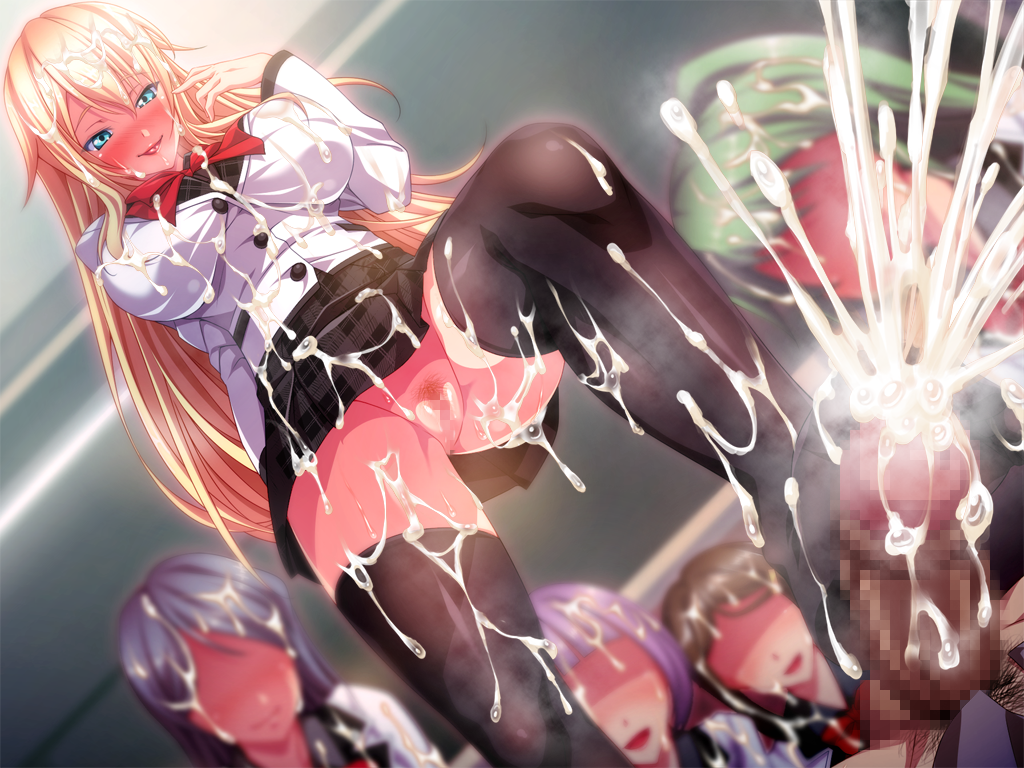 1boy blonde_hair blue_eyes blush bottomless bukkake cum cum_on_clothes cum_on_lower_body dieselmine feet femdom footbang footjob game_cg long_hair multiple_girls nakajou no_shoes sankouin_reika school_uniform skirt smile st._gyaku_rape_gakuen stockings toes