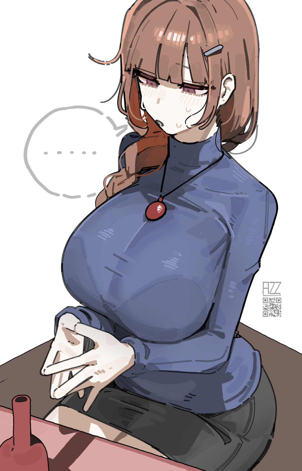....., 1girls, 2026, 2d, artist name, azz0422, big breasts, blush, boobs, bralines, breasts, brown eyes, brown hair, clothed, clothing, collar, color, colored, digital media (artwork), female, female only, fully clothed, hair, hi res, huge breasts, large breasts, oc, original, original character, qr code, see-through, see-through clothing, simple background, sitting, solo, sweat, sweatdrop, tits, white background