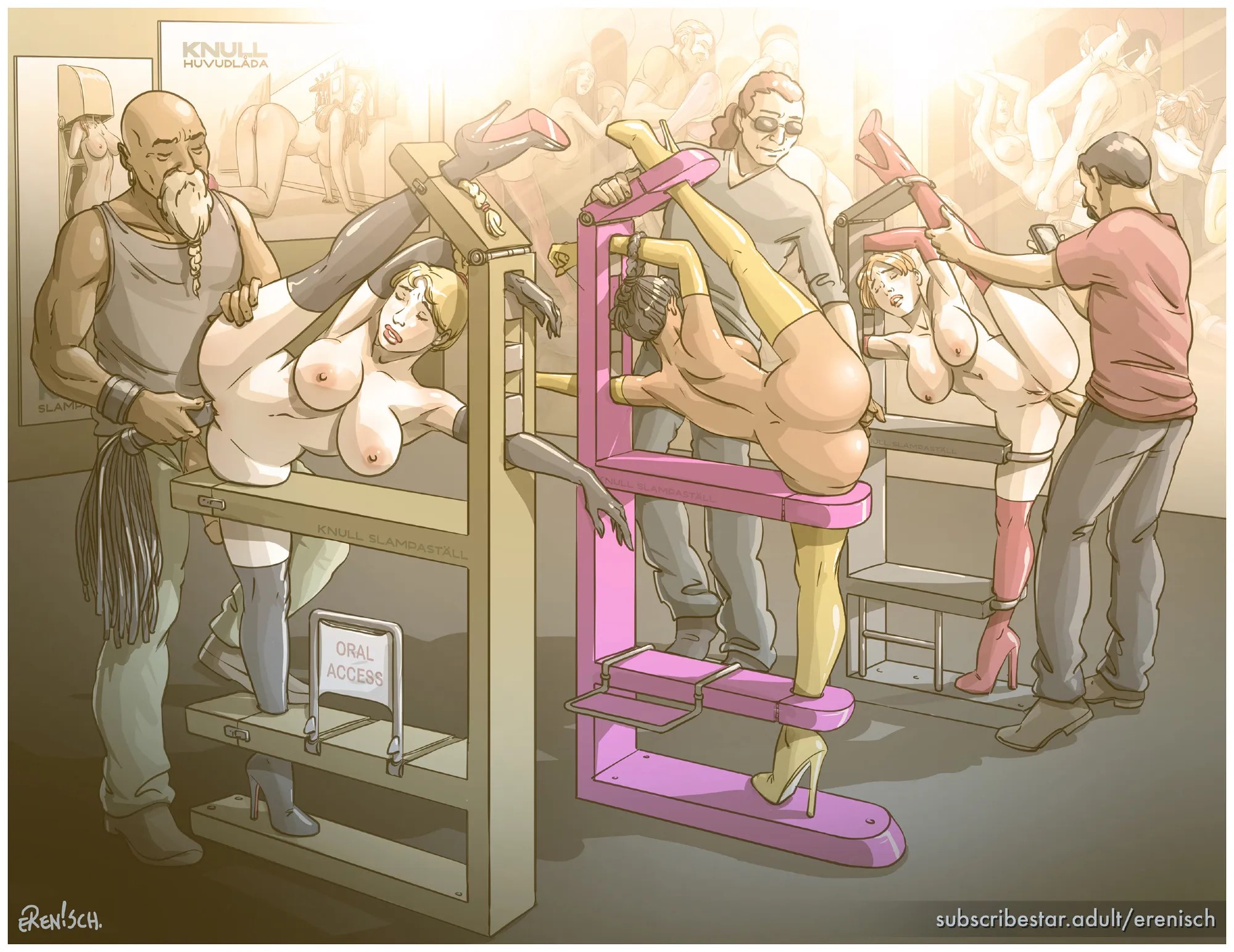 2d, 3boys, 3girls, anal, anal sex, bald, bald male, big breasts, black hair, black-haired female, blonde female, blonde hair, bondage, bound, breasts, clothed male nude female, dark skin, dark-skinned female, elbow gloves, erection, erenisch, female, female penetrated, femsub, fingering, fingering partner, fingering pussy, flexible, flexible female, group, group sex, high heel boots, high heels, human, human only, illustration, large breasts, latex, latex thighhighs, legal slavery, light skin, light-skinned female, light-skinned male, long hair, long-haired female, male, male penetrating, male penetrating female, male/female, maledom, multiple boys, multiple girls, multiple subs, nipples, nude, nude female, object insertion, original character, penis, ponytail, public use, pussy, sex, sex slave, shaved pussy, slave, slave girl, splits, spread legs, standing, standing sex, stationary restraints, straight, straight sex, thighhighs, vaginal fingering, vaginal object insertion, whip
