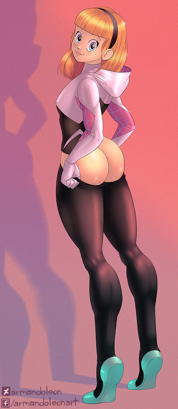 1girls, ass, blonde hair, blue eyes, breasts, female, gwen stacy, hairband, hoodie, marvel, marvel comics, pants pulled down, sexgazer, small breasts, solo, spider-gwen, spider-man (series), tiptoes