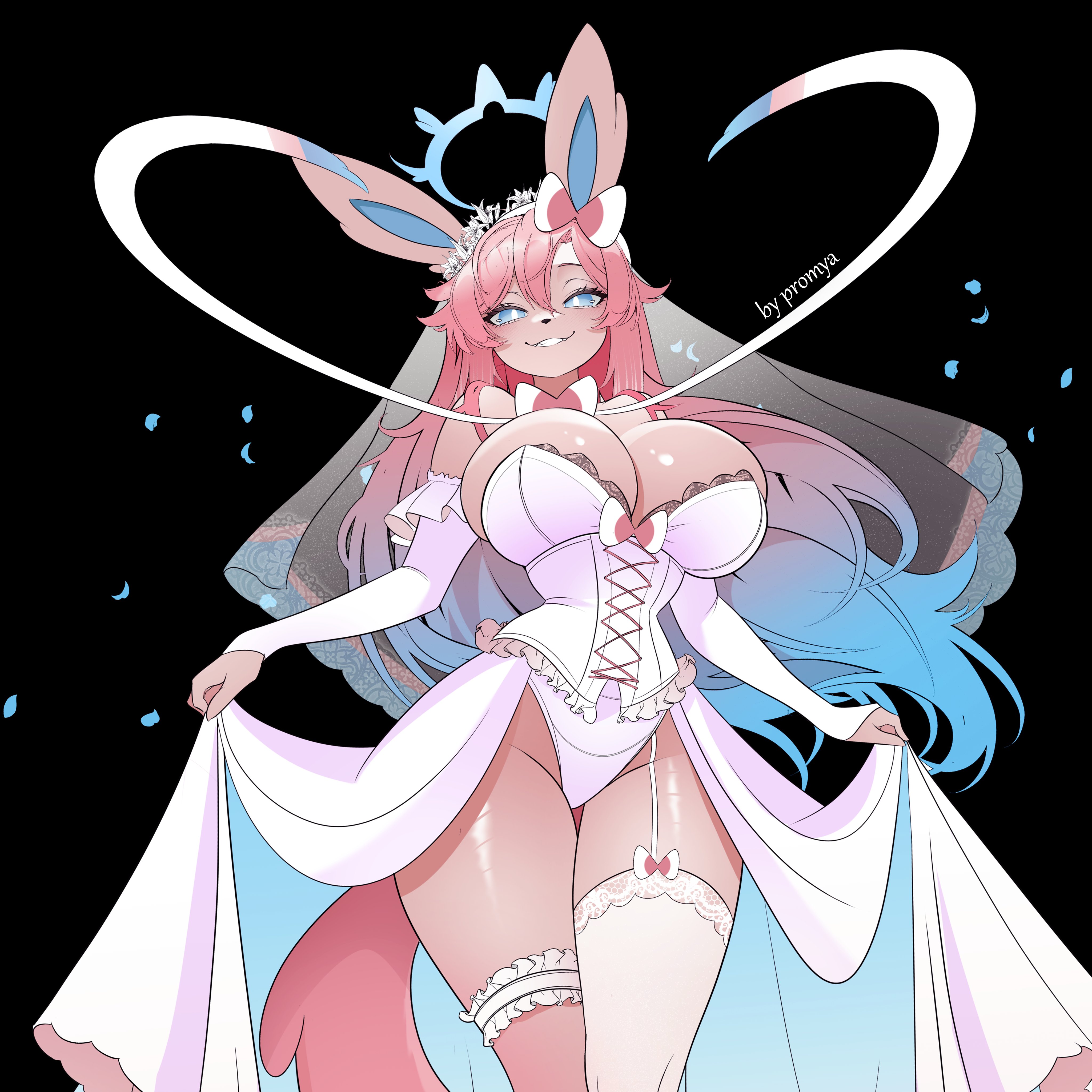 blue eyes, blue hair, breasts, cleavage, corset, dress, dress lift, eeveelution, fang, large breasts, long hair, looking at viewer, pink hair, pokemon, pokemon (species), promya art, slim waist, smile, stockings, sylveon, tagme, thick thighs, voluptuous, wedding dress, wedding veil, white body, wide hips