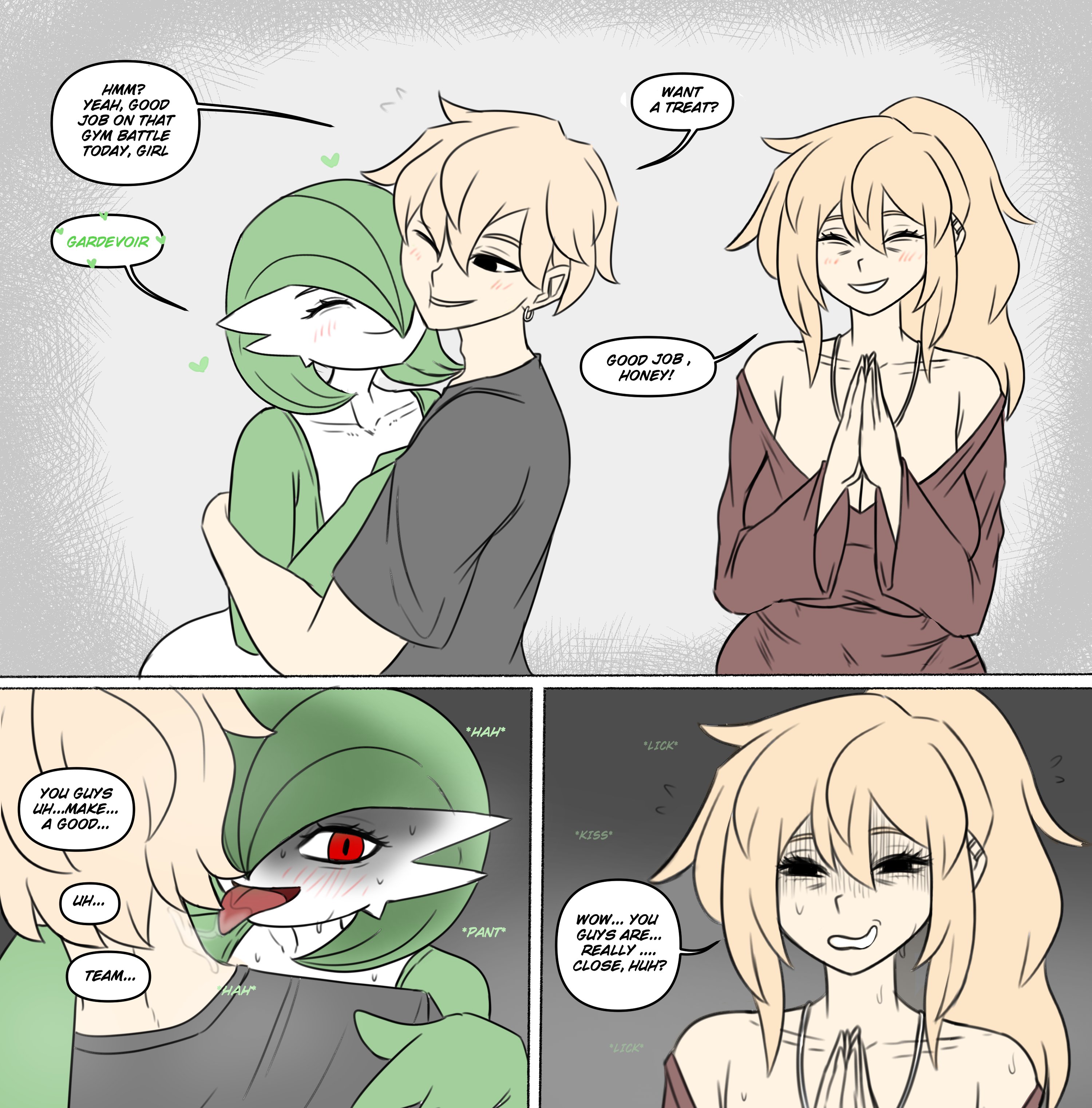 2025, absurd res, big breasts, big tits, blonde hair, blush, bodily fluids, breasts, chest spike, cleavage, clothed, clothing, devious grin, devious smile, digital drawing (artwork), digital media (artwork), dress, ear licking, english text, fat tits, female, gardevoir, generation 3 pokemon, genitals, green body, green hair, hair, hi res, huge breasts, humanoid, imminent sex, intimate, large breasts, large tits, licking ear, licking neck, long hair, milf, nintendo, offscreen character, older female, pokemon, pokemon (species), pseudo clothing, pseudo hair, red eyes, simple background, smirk, smirking, solo, spikes, spikes (anatomy), sweat, sweaty breasts, teasing, teasing viewer, text, tied hair, truelordpotato, white background, white body