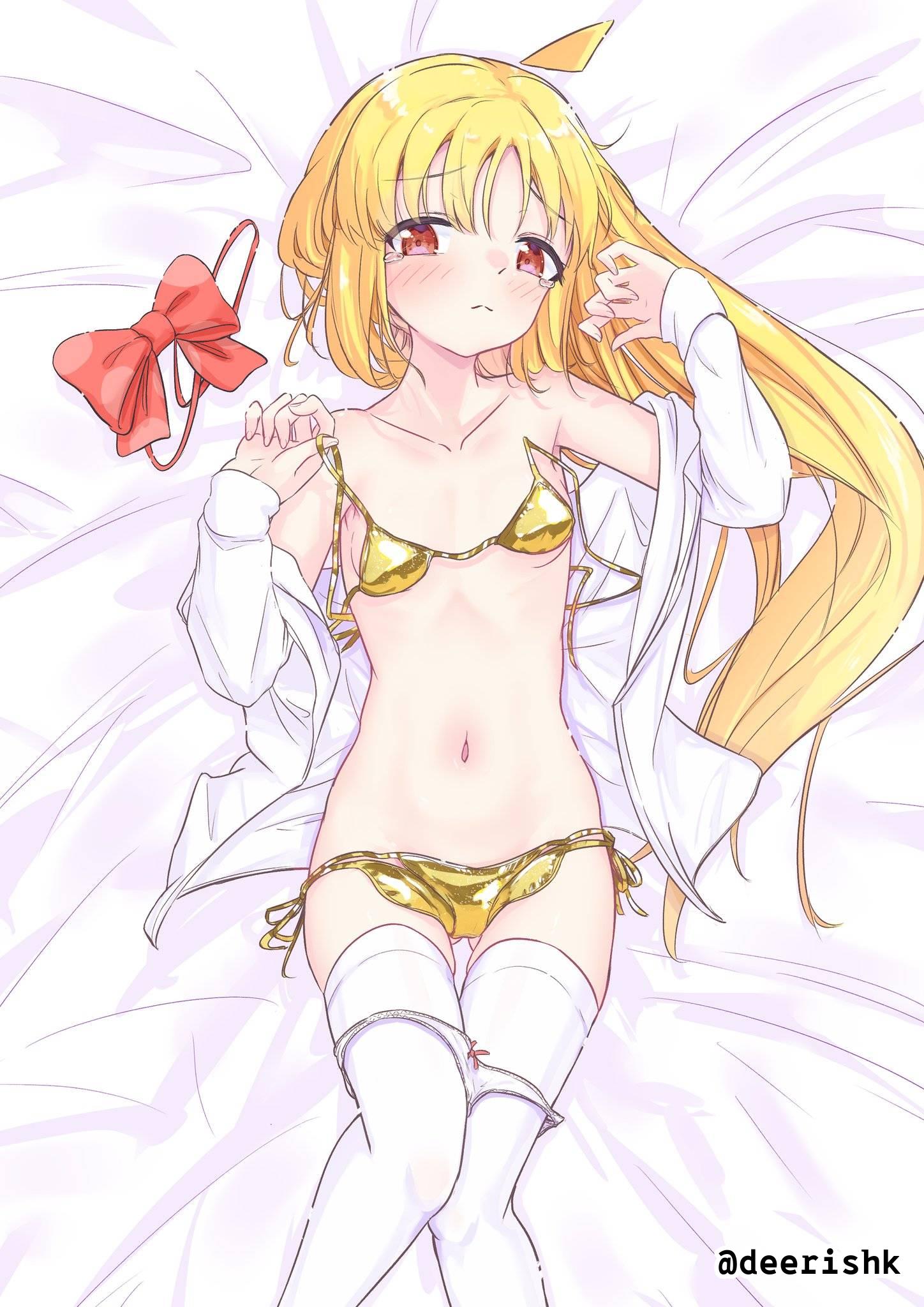 1girls, 2d, 2d (artwork), 2d artwork, ahoge, armpits, ass visible through thighs, bare armpits, bare belly, bare chest, bare hands, bare hips, bare midriff, bare navel, bare shoulders, bare skin, bed, bed sheet, belly, belly button, bikini, bikini bottom, bikini top, blonde, blonde female, blonde hair, blonde hair female, blonde-haired female, blush face, blush lines, blushing, blushing at viewer, blushing female, blushing lines, bocchi the rock!, bowtie, breasts, collarbone, crying, digital, digital art, digital drawing, digital drawing (artwork), digital media, digital media (artwork), drawing, exposed, exposed armpits, exposed belly, exposed chest, exposed hips, exposed midriff, exposed navel, exposed shoulders, exposed skin, female, female focus, female only, fingernails, fingers, flat belly, flat breasts, flat chest, flat chested, flushed, flushed face, gold bikini, gold bikini bottom, gold bikini top, gold swimsuit, gold swimwear, golden, golden bikini, golden bikini bottom, golden bikini top, golden swimsuit, golden swimwear, groin, half naked, half nude, halterneck, head tilt, high resolution, high school student, highres, ijichi nijika, kazakiri form, knees, lean figure, legs closed, legs together, legwear, long hair, looking at viewer, lying, lying down, lying on back, lying on bed, midriff, naked, naked female, naked shirt, naked woman, narrow waist, navel, nude, nude female, nudity, on back, on bed, open clothes, open clothing, open shirt, open topwear, orange eyes, orange-eyed female, panties, parted bangs, partially undressed, petite, petite body, petite breasts, petite female, petite girl, petite tits, ponytail, red bowtie, ribbon panties, school girl, semi nude, shirt, shoulders, side ponytail, side-tie bikini, sidelocks, simple background, skinny, skinny female, skinny girl, skinny waist, slender body, slender waist, slim female, slim waist, small boobs, small breasts, small tits, smooth chest, solo, stockings, string bikini, swimsuit, swimwear, tears, teen girl, teenage girl, teenager, thigh gap, thigh highs, thighhighs, thighs, thighs together, tilted head, tiny breasts, unbuttoned, unbuttoned shirt, underwear, upper body, very long hair, very long hair female, white background, white bed, white bed sheet, white legwear, white panties, white shirt, white stockings, white thigh highs, white thighhighs, white topwear, white underwear, yellow hair, yellow-haired female, young female, young woman