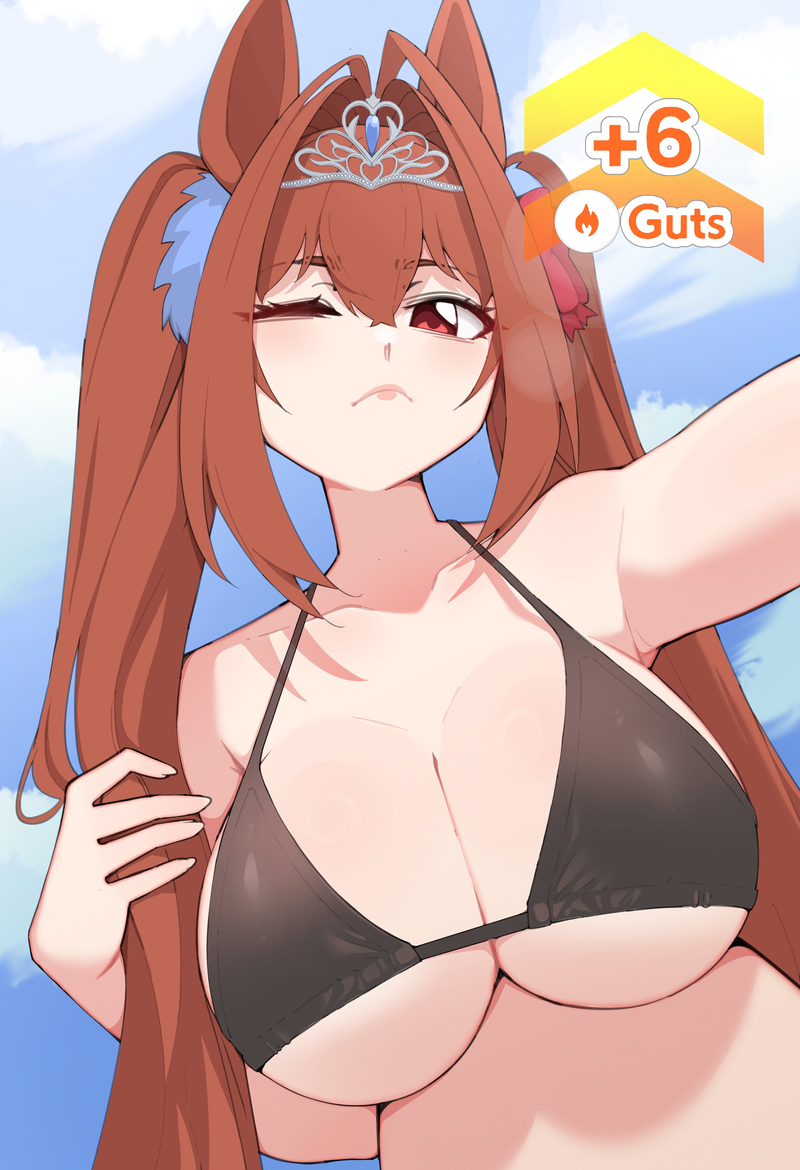 1girls, absurd res, big breasts, bikini, bikini top, brown hair, daiwa scarlet (umamusume), diadem, english text, eyelashes, female, female only, gameplay mechanics, horse ears, horse girl, long hair, looking at viewer, luxurias, red eyes, solo, solo focus, text, twintails, umamusume, umamusume pretty derby, wink, winking at viewer