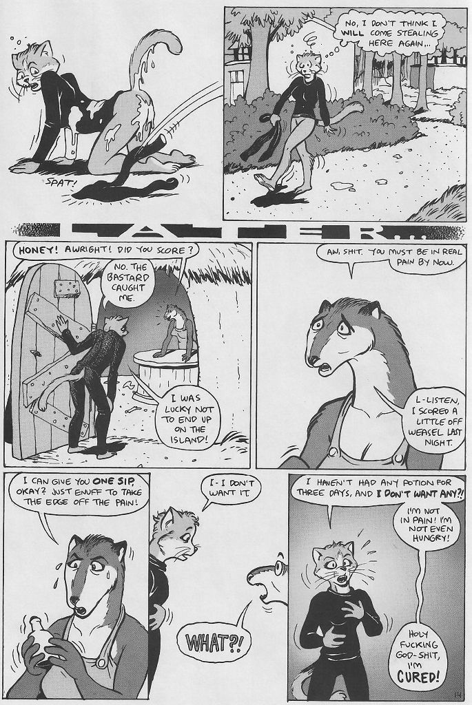 2004 after_sex anal anthro bottomless clothed clothing comic cum doctor_dee english_text excessive_cum feline female ferret karno mammal monochrome mustelid page_14