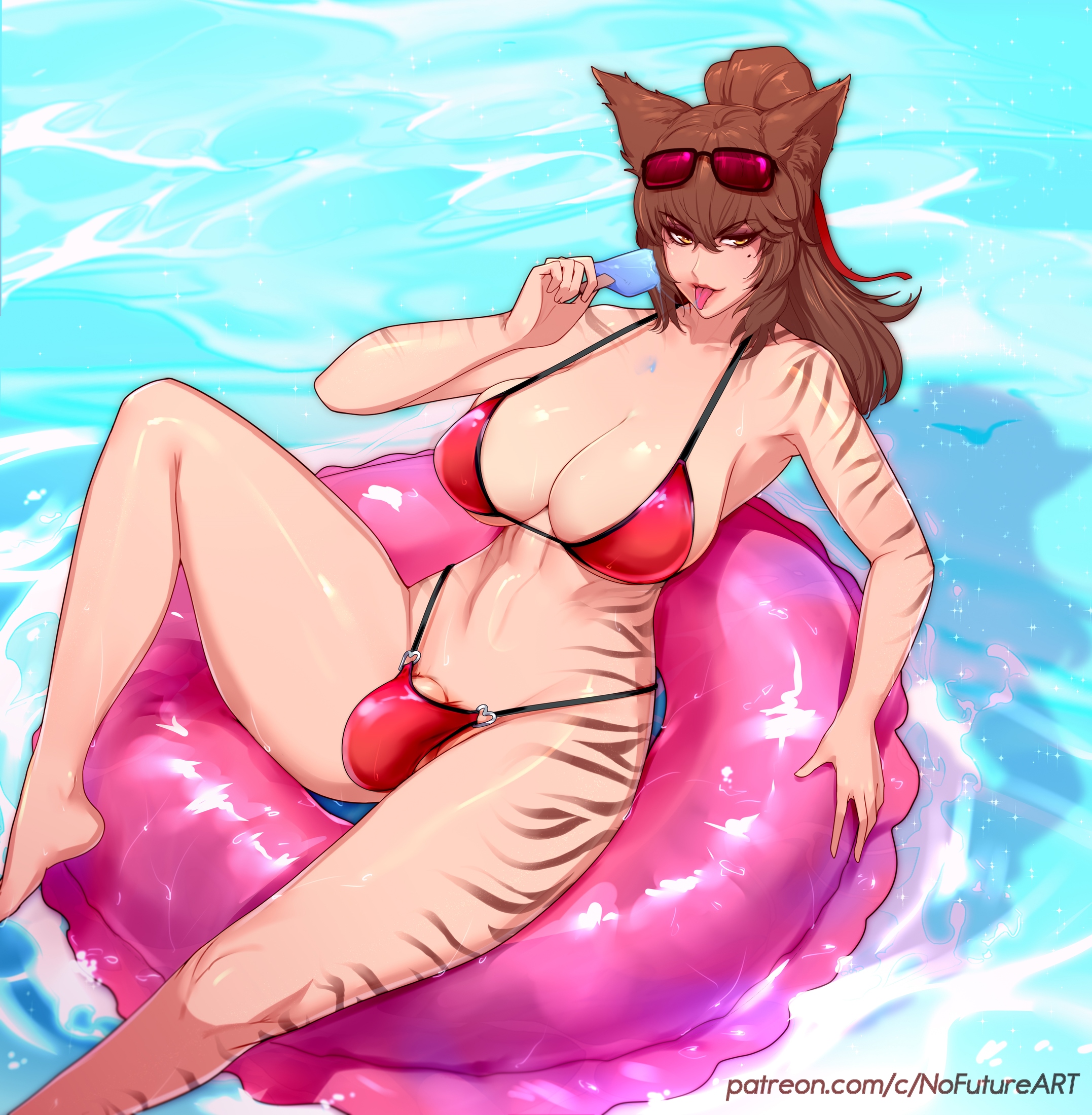 1futa, animal ears, big breasts, bikini, brown hair, bulge, commission, dickgirl, eyelashes, futa only, futanari, hi res, ice cream, inflatable, inner tube, intersex, light skin, light-skinned futa, long hair, looking at viewer, mole, mole under eye, nofuture, penis peek, red bikini, solo, striped body, sunglasses on head, thick thighs, tongue out, water, yellow eyes