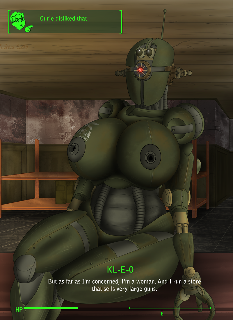 1girls 3_fingers assaultron breasts chubby fallout fallout_4 female gameplay_mechanics hud huge_breasts huge_nipples kl-e-0 large_breasts large_nipples mech one_eye red_eyes robot sitting sole_survivor sole_survivor_(male) solo text thick_thighs thighs