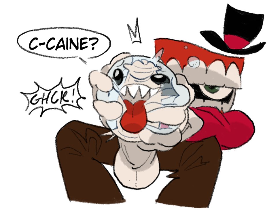 big teeth, bubble (the amazing digital circus), caine (tadc), caine (the amazing digital circus), disgruntled, dubious consent, male/male, object head, real saming, ringmaster, ringmaster outfit, sharp teeth, shocked, tadc, teeth, the amazing digital circus