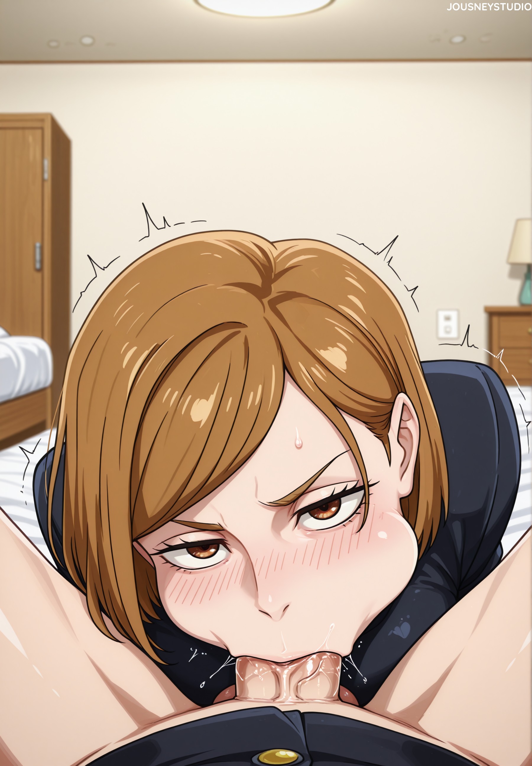 1boy, 1girls, ai generated, bed, bedroom, black jacket, blush, bottomless, breasts, brown eyes, brown hair, cheek bulge, clothing, deepthroat, erection, eyelashes, fellatio, female, gakuran, hetero, indoors, jousneystudio, jujutsu kaisen, jujutsu tech uniform, kugisaki nobara, looking at viewer, male, nobara kugisaki, oral, parted bangs, patreon username, penis, pov crotch, saliva, school uniform, short hair, solo focus, spread legs, sweat, swept bangs, testicles, trembling, veins, veiny penis