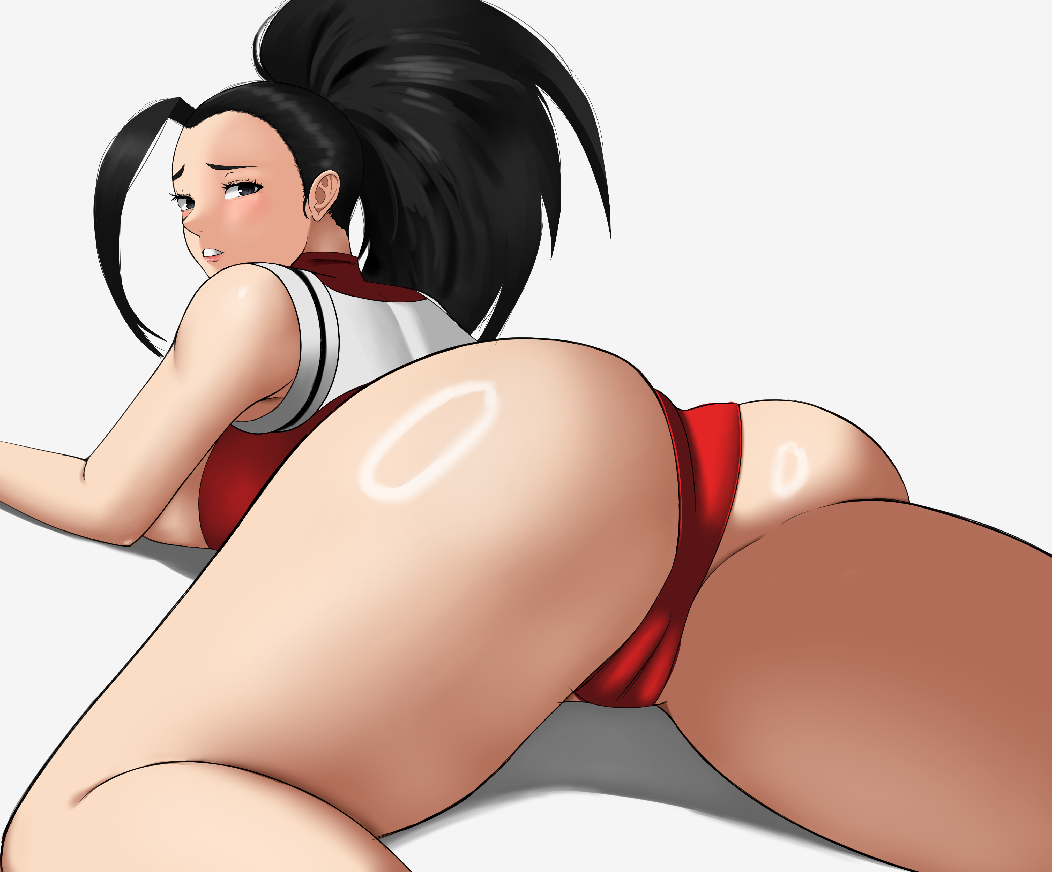 1girl, 1girls, ass, black eyes, black hair, blush, boku no hero academia, breasts, female, female only, hair tied back, heroine, laying down, leotard, light-skinned female, looking at viewer, looking back, looking over shoulder, lying, momo yaoyorozu, my hero academia, on model, poketune, ponytail, red leotard, sideboob, solo, teenage girl, teenager, thighs, tied hair