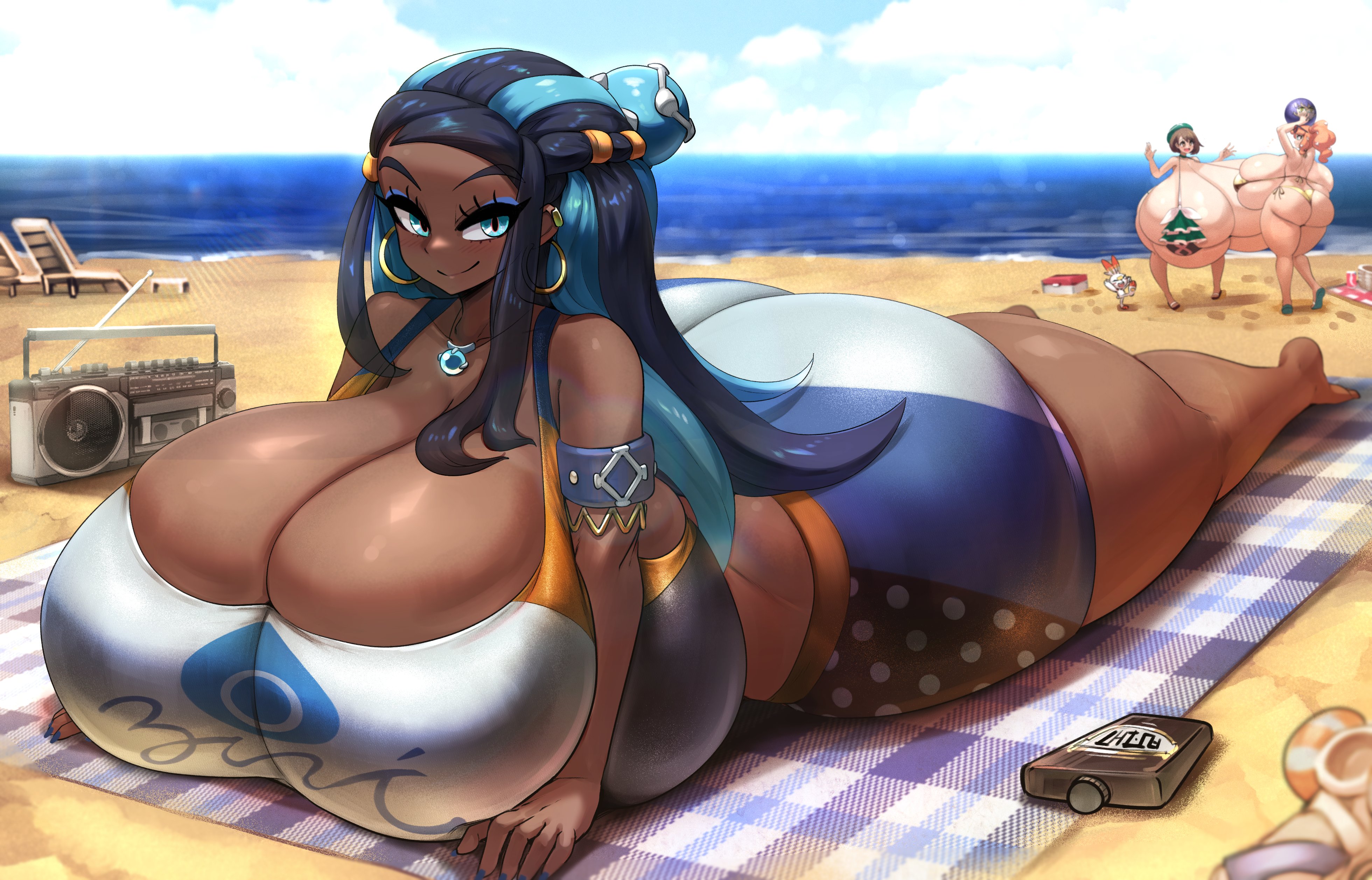 3girls, alternate breast size, ass, ass bigger than head, ass bigger than torso, beach, big ass, big breasts, big thighs, bikini, bikini bottom, bikini top, black hair, blue eyes, blue hair, blush lines, breasts, breasts bigger than head, breasts bigger than torso, cleavage, dark skin, dark-skinned female, earrings, enormous ass, enormous breasts, eyebrows, eyebrows visible through hair, eyelashes, eyeshadow, female, female focus, female only, gigantic breasts, gipehtyboon, gloria (pokemon), huge ass, huge breasts, huge thighs, hyper breasts, large ass, large thighs, light skin, light-skinned female, looking at viewer, lying, lying on stomach, massive ass, massive breasts, necklace, nessa (pokemon), outdoors, pokemon, pokemon ss, skindentation, smile, sonia (pokemon), swim trunks, swimsuit, swimwear, thick thighs, thighs, thighs bigger than head, thighs bigger than torso, two-tone hair, yboon