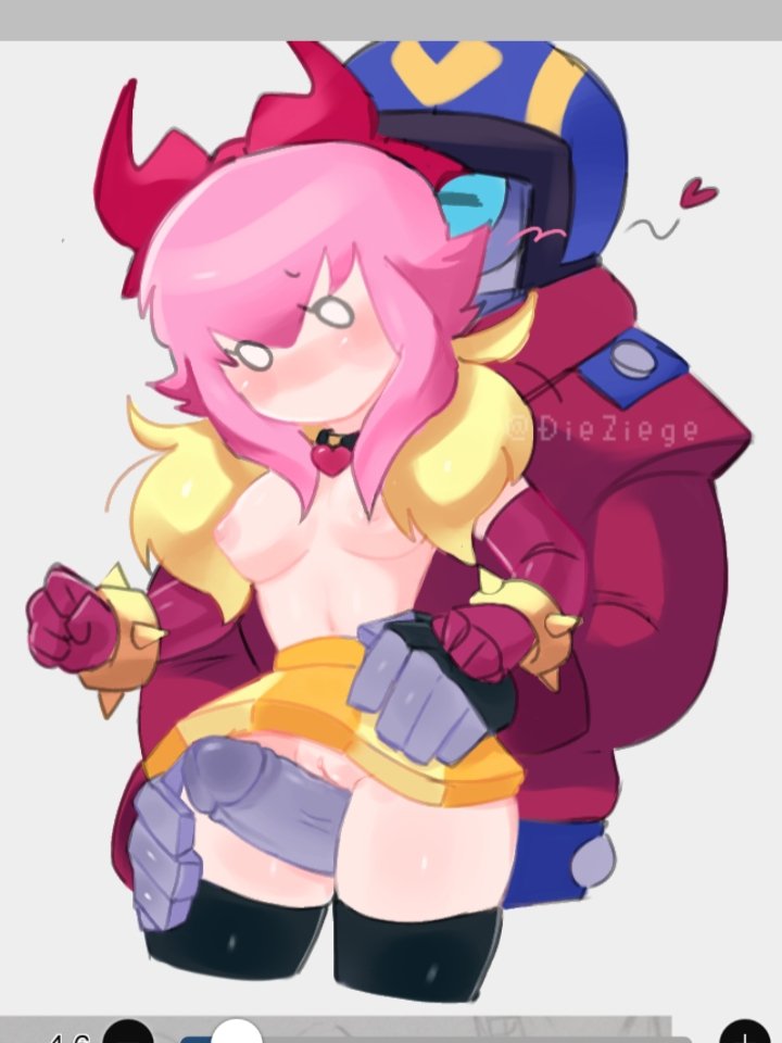 1boy1girl, art program in frame, black thighhighs, blushing, blushing female, blushing male, bracelet, brawl stars, choker, di3ziege, elbow gloves, fur coat, hairbow, hand on hip, hand on thigh, heart choker, heart symbol, helmet, human on robot, male/female, melodie (brawl stars), no mouth, no nose, no panties, no shirt, pink hair, robot boy, skirt, small breasts, spiked bracelet, stu (brawl stars), thigh sex, thighhighs, thin waist, white background