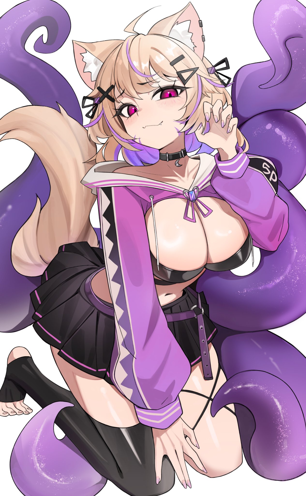 :3, 1girl, ahoge, animal ear fluff, animal ears, black choker, black thighhighs, blonde hair, breasts, cat ears, cat girl, cat tail, choker, cleavage, colored inner hair, facial mark, fang, hair ornament, highres, indie virtual youtuber, kiritzugu, kneeling, long hair, long sleeves, looking at viewer, medium breasts, multicolored hair, navel, pleated skirt, purple hair, red eyes, shrug (clothing), single thighhigh, skirt, solo, squchan (vtuber), stirrup legwear, streaked hair, tail, tentacles, thighhighs, toeless legwear, virtual youtuber, vyugen, whisker markings