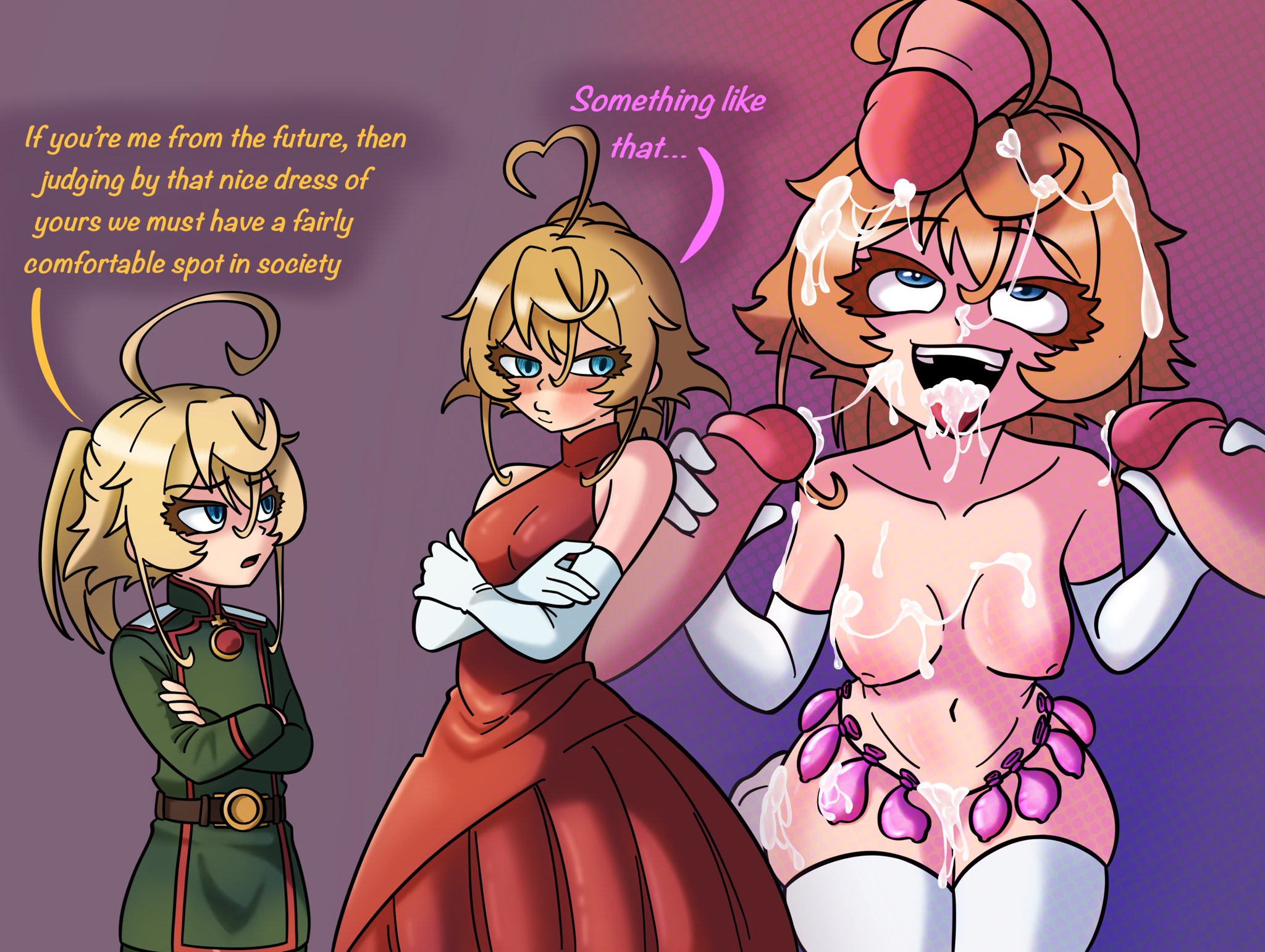 3boys1girl, aged up, ahe gao, blonde hair, blue eyes, cock on head, cock worship, condom, condoms on body, elbow gloves, embarrassed, excessive cum, future self, gloved handjob, gloves, handjob, military uniform, older self, red dress, swisschocoart, tanya degurechaff, white gloves, youjo senki