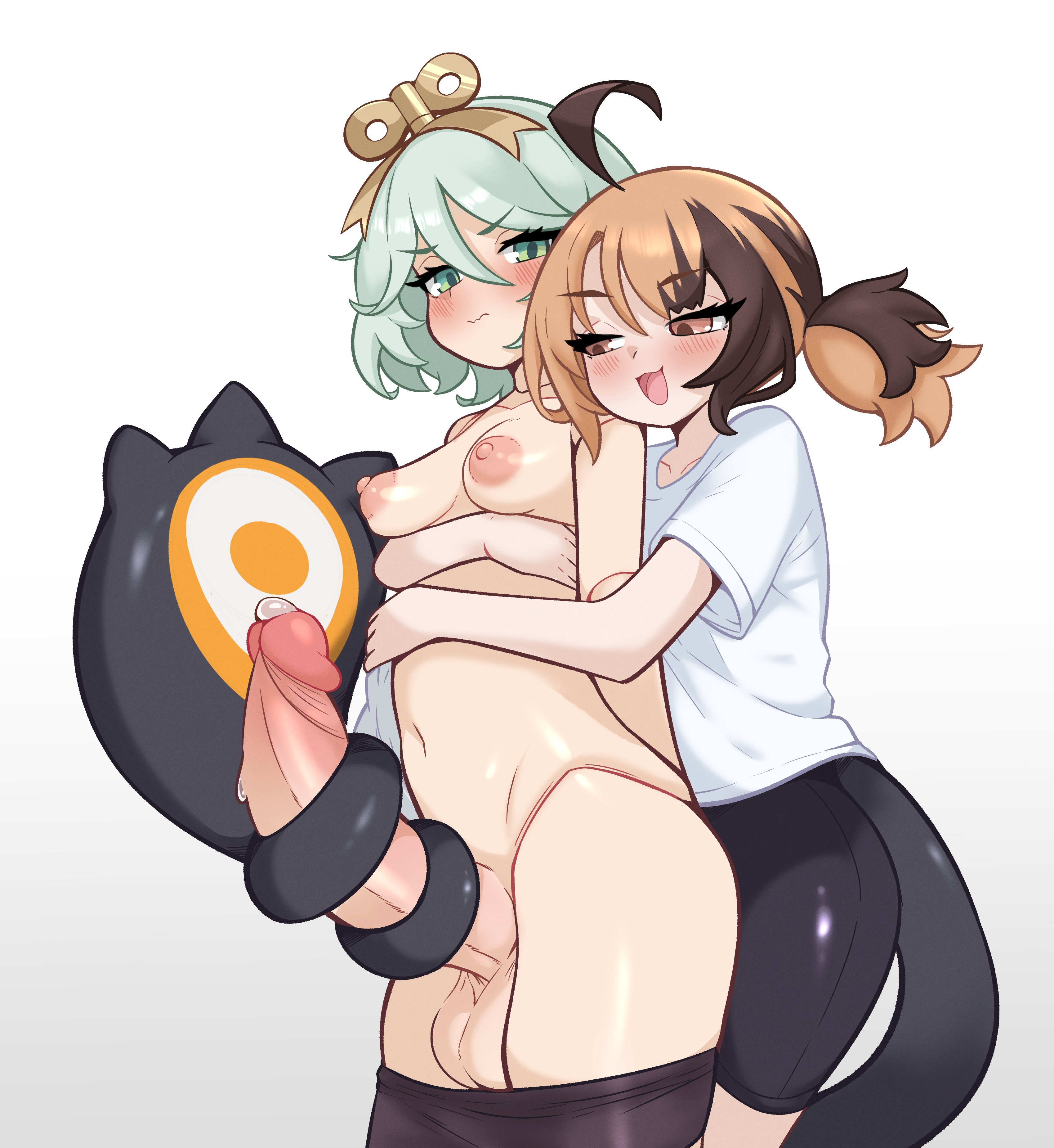 1futa, 1girls, arms around partner, blush, bottomless, breasts, brown eyes, brown hair, cecilia immergreen, clothed female nude futa, clothing, feet out of frame, female, female on futa, futanari, gigi murin, green eyes, green hair, hololive, hololive english, hololive english -justice-, looking at penis, medium breasts, naked, navel, nipples, nude, penis, precum, shirt, short hair, shorts, tail, tail around penis, tail sex, tailjob, topless, twintails, uncensored, virtual youtuber, wind-up key, zerhin