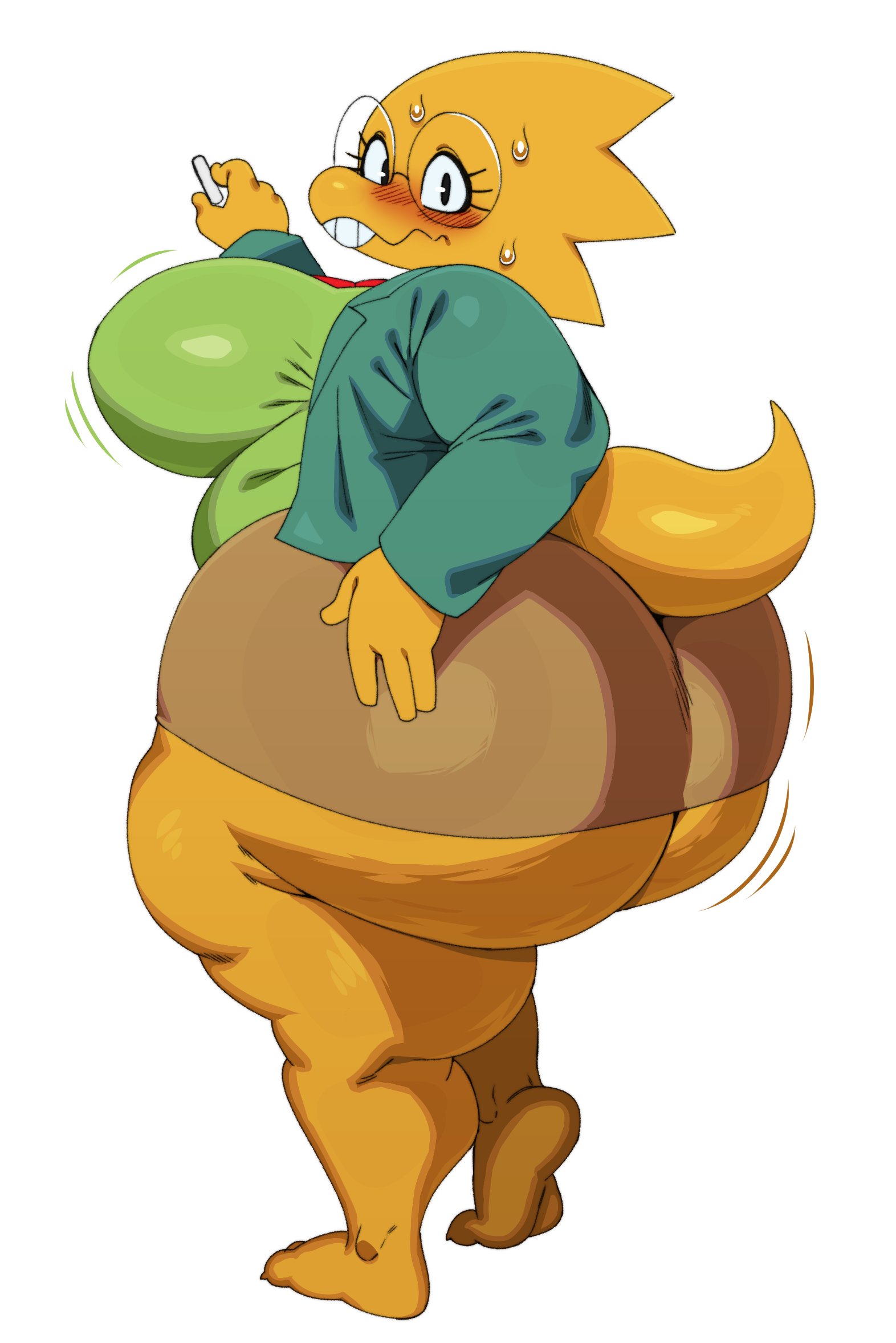 alphys, alphys (deltarune), anthro, ass, big ass, big breasts, big butt, biped, blush, bodily fluids, bottomwear, breasts, cellulite, clothed, clothing, deltarune, eyelashes, eyewear, female, glasses, hi res, holding object, huge ass, huge butt, looking back, miniskirt, pupils, scalie, simple background, skirt, solo, sssonic2, standing, sweat, teeth, thick thighs, undertale (series), wearing glasses, white background, yellow body