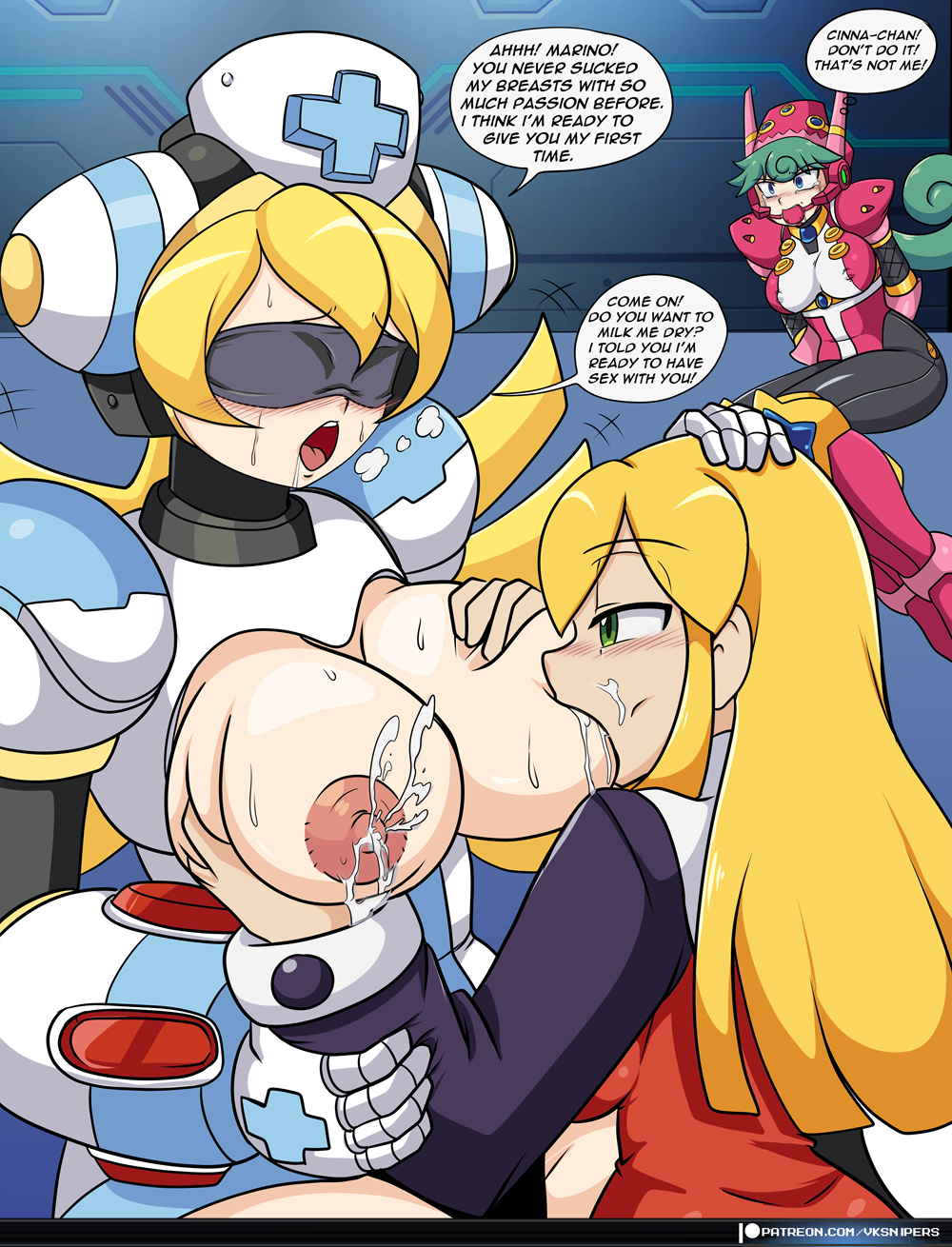 3girls cinnamon_gaudille marino mega_man mega_man(classic) mega_man_x mega_man_x_dive roll vcampan