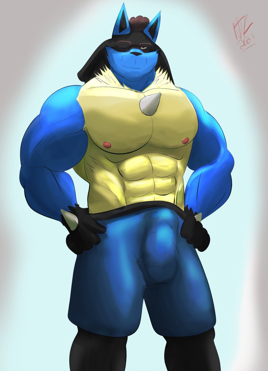 abs anthro athletic athletic_wear balls_outline barazoku belt biceps black_arms black_belt black_body black_fur black_legs blue_arms blue_body blue_bottomwear blue_clothing blue_fur blue_head blue_pants bottomwear brown_hair bulge clothing detailed_bulge erection erection_under_bottomwear erection_under_clothing fur generation_4_pokemon genital_outline gym_bottomwear gym_shorts hair hi_res looking_at_viewer lucario male male/male muscular muscular_biceps muscular_legs muscular_male neotorakuma nintendo nipples pants pecs penis_outline pokemon pokemon_(species) red_eyes shorts solo tight_clothing yellow_body yellow_fur