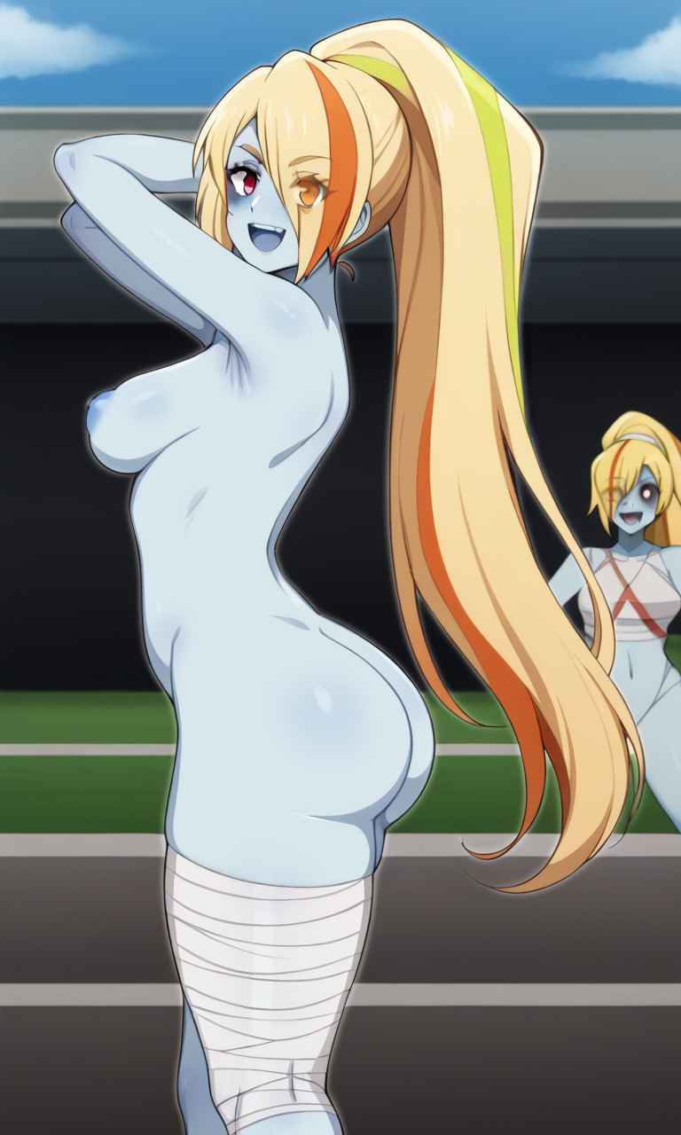 ai_generated ass bandages big_ass big_butt blonde_hair blue_skin exhibitionism female in_public multicolored_hair nikaidou_saki saki_nikaido side_view tomboy zombie_girl zombie_land_saga