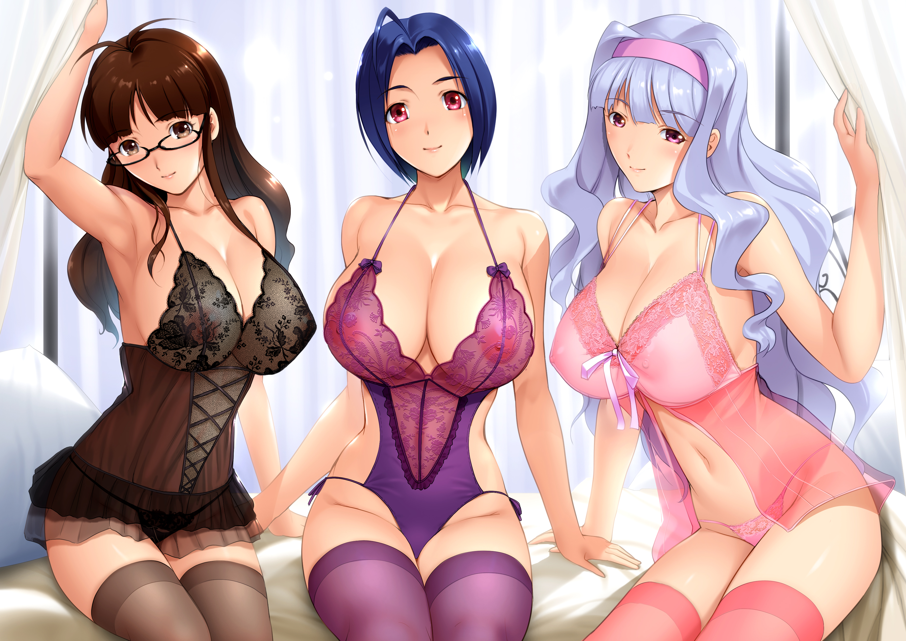 3girls, absurdres, akizuki ritsuko, alternate costume, antenna hair, arm at side, arm up, armpits, arms at sides, babydoll, bangs, black dress, black legwear, black panties, black-framed glasses, blue hair, blunt bangs, blush, breasts, brown eyes, brown hair, cleavage, closed mouth, collarbone, cross-laced clothes, curtains, dragon@harry, dress, erect nipples, eyebrows, eyebrows visible through hair, female, female only, floral print, front view, hair down, hair intakes, hairband, halterneck, head tilt, highres, huge breasts, human, idolmaster, indoors, lace, large breasts, leotard, lingerie, long hair, looking at viewer, miura azusa, multiple females, navel, negligee, nipples, on bed, panties, parted bangs, pillow, pink legwear, pink panties, purple legwear, red eyes, ribbon, see-through, shadow, shijou takane, side-tie leotard, silver hair, sitting, sleeveless, smile, stomach, string panties, thighhighs, uncensored, underwear