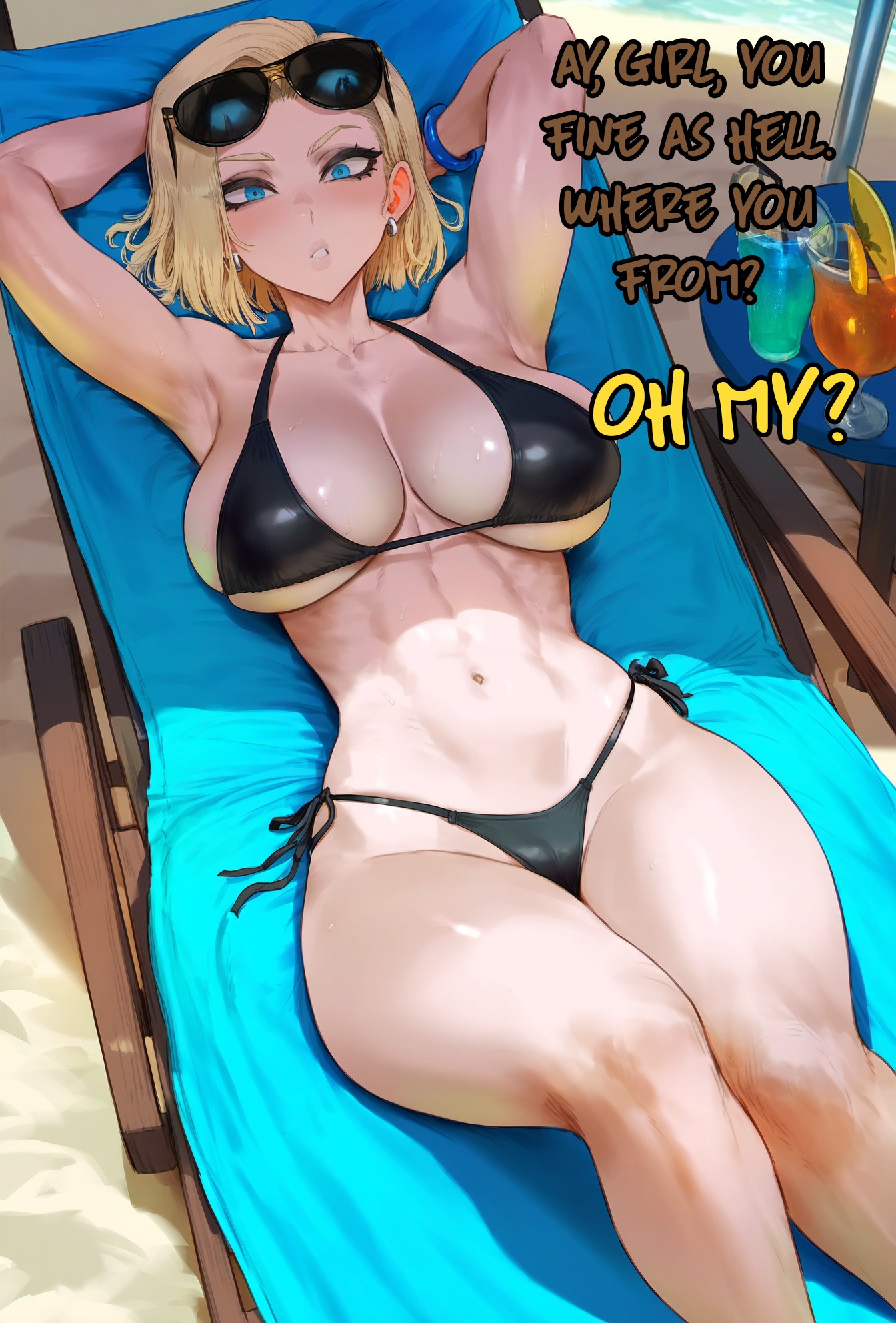 1girls ai_generated aipotions android_18 bare_arms bare_legs bare_shoulders bare_thighs big_breasts bikini bikini_bottom bikini_top blonde_hair blue_eyes blush clothed clothing color dragon_ball dragon_ball_z english_text female female_focus female_only hi_res large_breasts light-skinned_female light_skin looking_at_viewer short_hair solo solo_female sunglasses tagme text thick_thighs