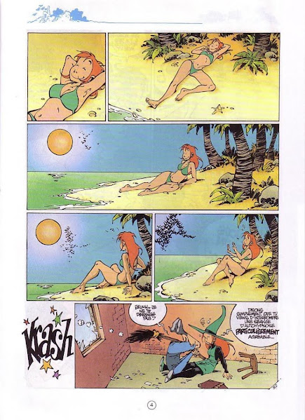 awkward beach bikini broom broomstick cancrelune comic crash_landing dialogue french_dialogue french_text green_bikini hypnosis illusion melusine_(spirou_magazine) melusine_anoukian orange_hair spirou_magazine