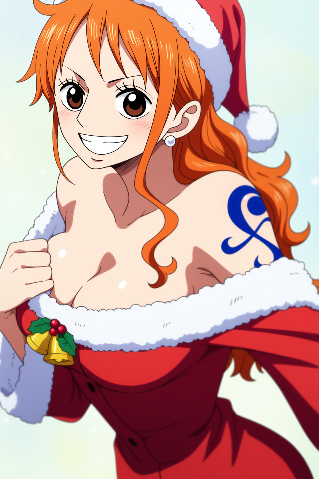 1girls ai_generated anime big_breasts christmas christmas_clothing christmas_outfit female female female_focus female_only light-skinned_female long_hair looking_at_viewer manga nami nami_(one_piece) one_piece orange_hair patreon piercing pov pov_eye_contact sexy_clothing smile smiling smiling_at_viewer solo_female solo_focus tattoo tattoo_on_arm tattooed_arm velvetpassion