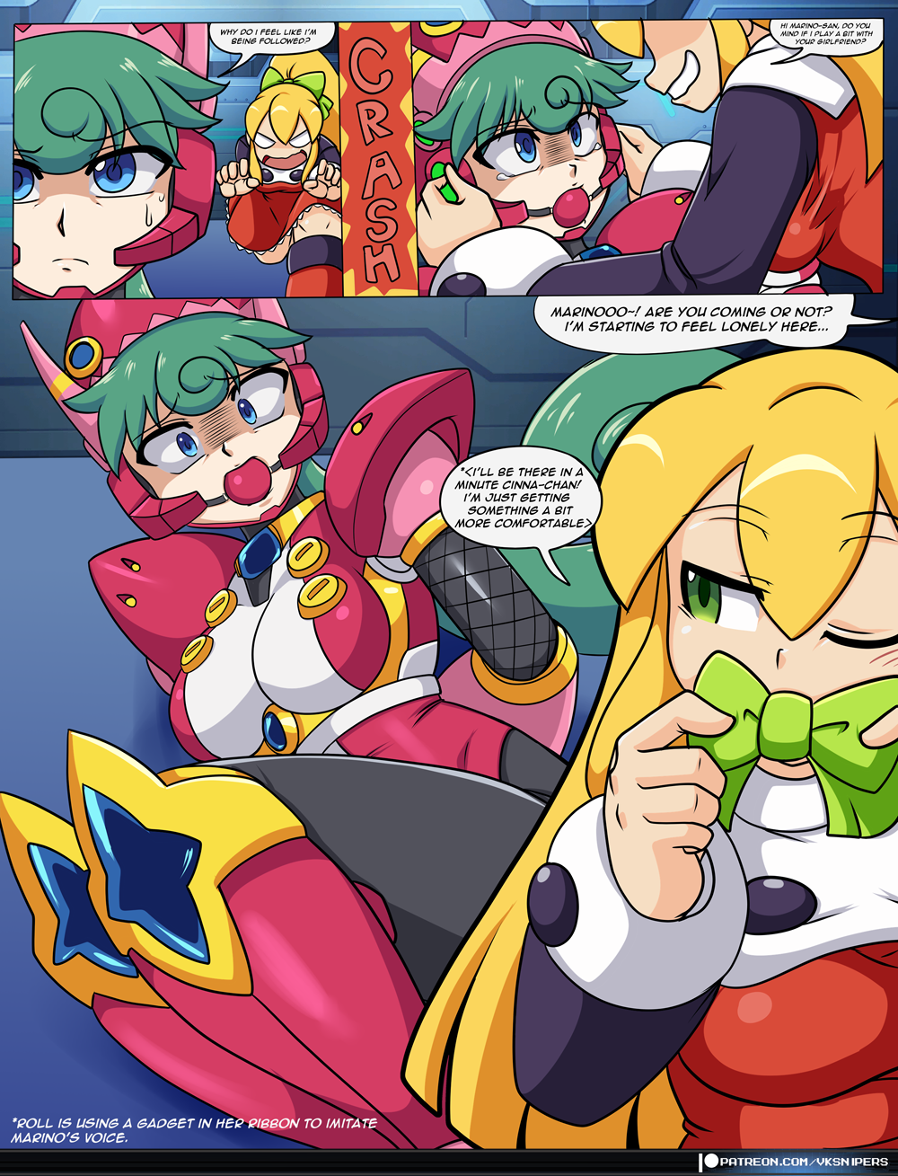 3girls big_breasts blonde_hair blue_eyes cinnamon_gaudille comic green_eyes green_hair hands_behind_back hands_tied_behind_back legs_tied long_hair marino mega_man mega_man(classic) mega_man_x mega_man_x_dive robot_girl roll text text_bubble vcampan