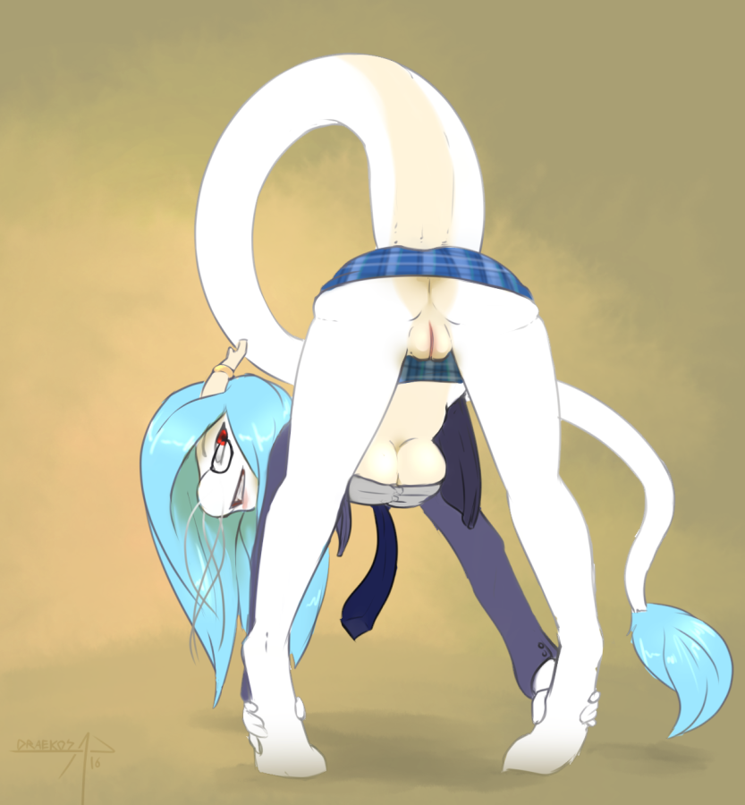 2016 anthro aria_(eosets) ass ass_up beige_countershading bent_over blue_bottomwear blue_hair breasts draekos dragon eastern_dragon eyewear female furry glasses grey_topwear grin holding_leg horn horn_ring jewelry long_hair long_tail looking_at_viewer looking_back miniskirt multicolored_body multicolored_tail naughty_face necktie no_underwear open_clothes open_jacket open_shirt plaid plaid_skirt plump_labia presenting presenting_hindquarters presenting_pussy purple_topwear pussy raised_tail rear_view red_eyes ring scalie shirt signature simple_background skirt solo spread_legs spreading standing tan_background teeth thick_bottom_lip two_tone_fur underboob upskirt western_art whiskers white_body