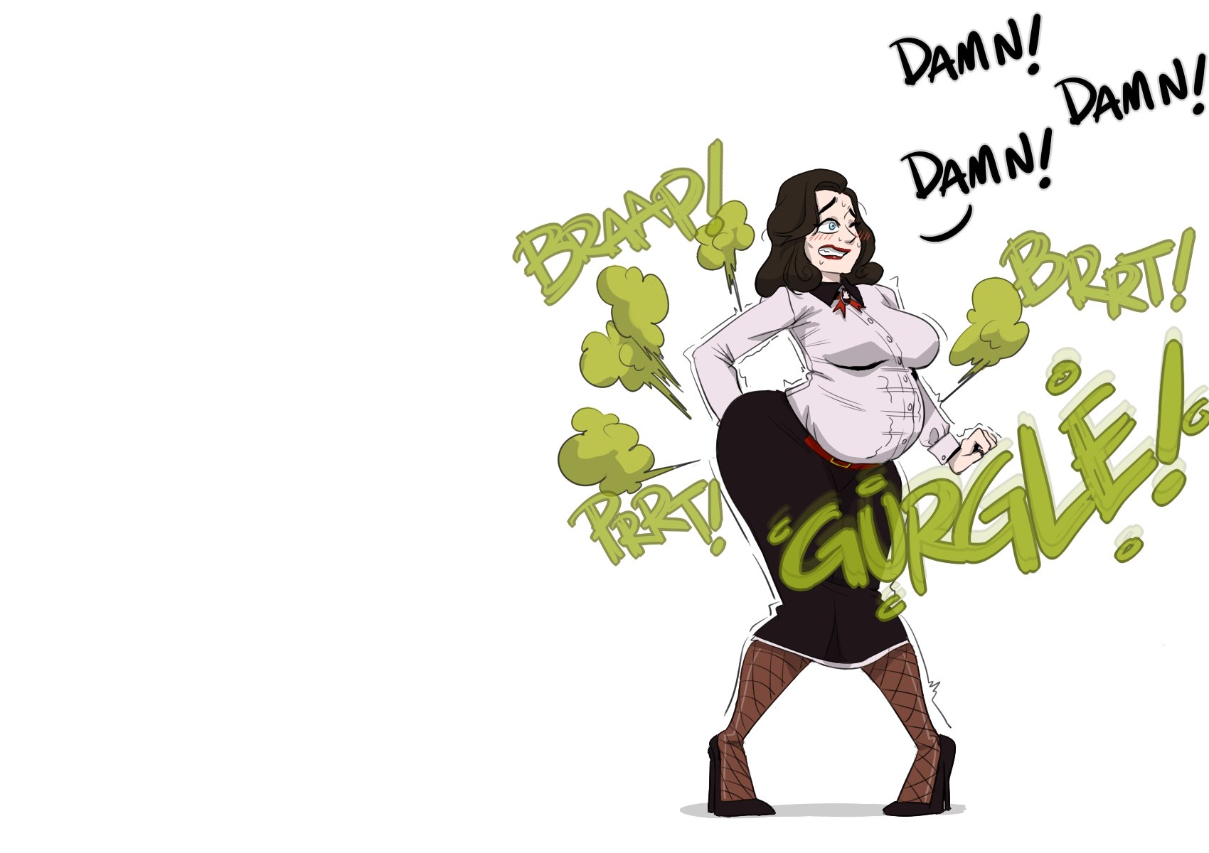 1girls, 2020s, 2023, 2023s, ass, big ass, big breasts, bioshock, bioshock infinite, black heels, black shoes, black skirt, blue eyes, blush, breasts, brown hair, brunette futa, brunette hair, burial at sea, buttoned shirt, comission, curvaceous, curvy, curvy body, curvy female, curvy figure, dark brown hair, dark hair, digital drawing (artwork), digital media (artwork), elizabeth comstock, elizabeth comstock (burial at sea), eproctophillia, fair skin, fair skinned female, fair-skinned female, fair-skinned female body, fart, farting, female, female only, fetish, fishnet clothing, fishnet legwear, fishnet stockings, full body, full of milk, fully clothed, gassy, gassy female, jpg, kirathepenguin, no background, onomatopoeia, part 1, part of a set, red lipstick, shoes, short hair, simple background, skirt, solo, solo female, solo focus, swear, swearing, text, thick legs, thick thighs, twitter link, video game character, video game franchise, video games, voluptuous, voluptuous female, white background, white shirt
