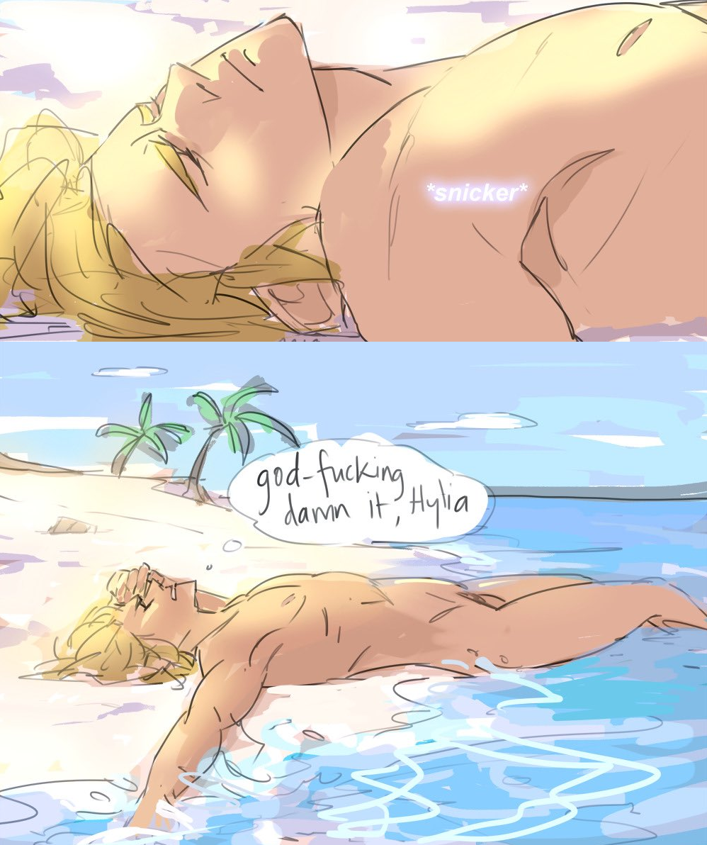 1boy anxioussailorsoldier beach link male male_only naked nintendo nude solo text_bubble the_legend_of_zelda the_legend_of_zelda:_breath_of_the_wild