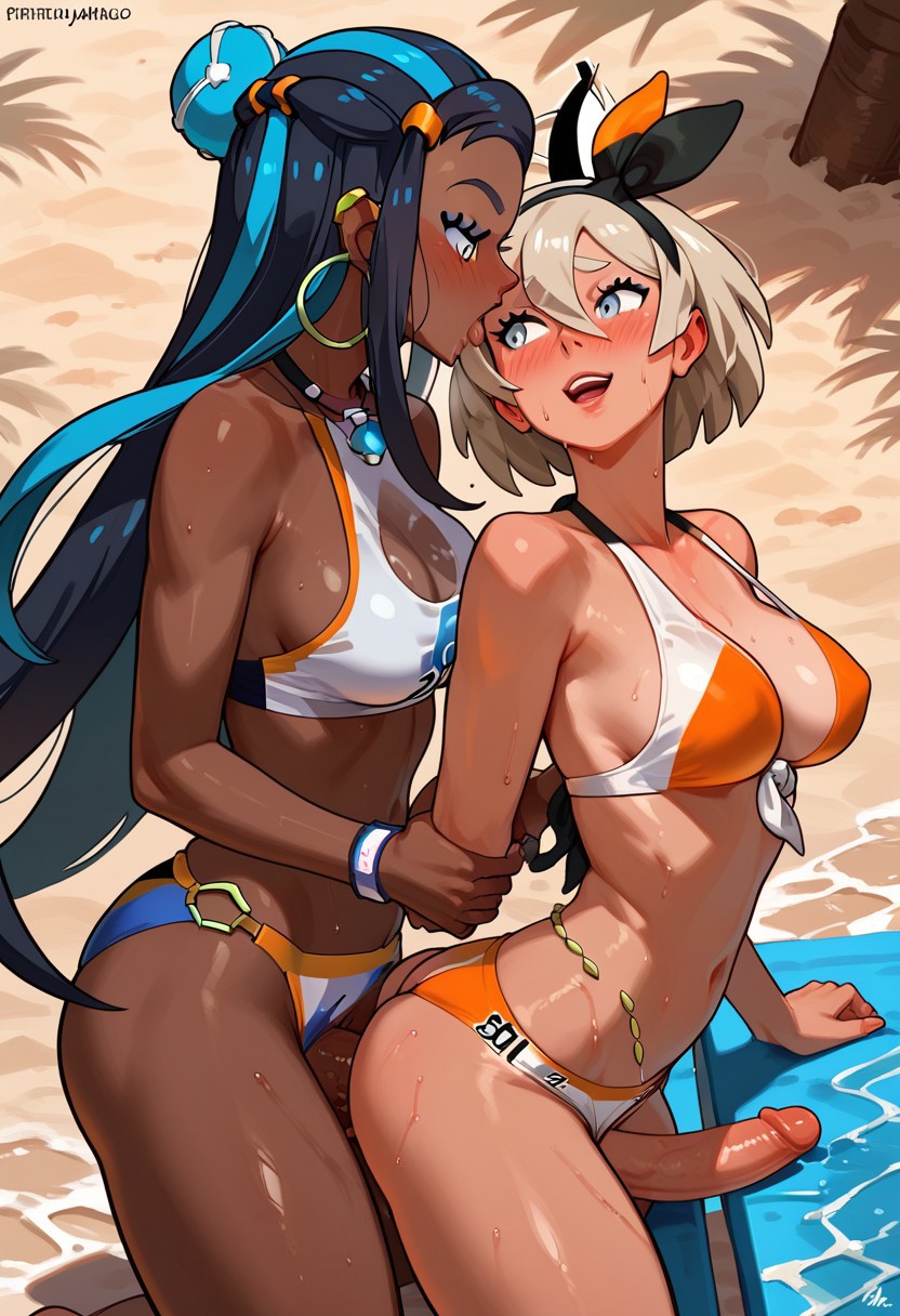 2futas ai_assisted ai_generated anal bea_(pokemon) beach bikini dark_skin from_behind futa_on_futa futa_only futa_with_futa futanari grey_hair long_hair nessa_(pokemon) pokemon sex short_hair