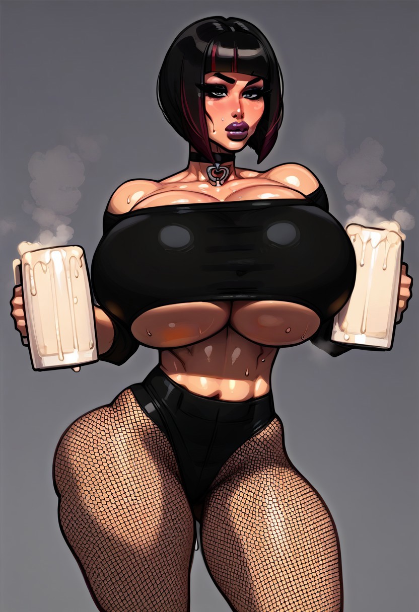 1girls ai_generated bangs big_breasts bimbo bob_cut choker cleavage cleavage_cutout cum cumslut drinking_cum eating_cum female fishnet fishnets gokkun goth goth_girl huge_boobs huge_breasts pobodyznerf semen steam underboob