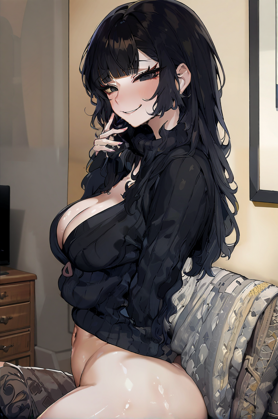 ai_generated black_hair blush breasts looking_at_viewer navel