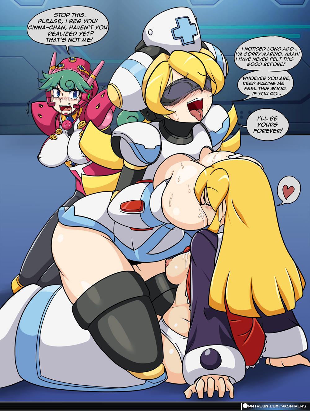 3girls black_stockings blonde_hair blue_eyes blush breast_sucking breasts breasts_out_of_clothes cinnamon_gaudille closed_eyes comic cuckquean green_hair long_hair marino mega_man mega_man(classic) mega_man_x mega_man_x_dive naked_breasts netorare robot_girl roll text text_bubble tongue_out vcampan