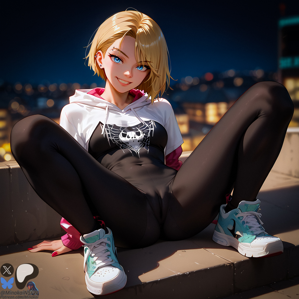 ai_generated blonde_hair blue_eyes bodysuit cameltoe gwen_stacy leaning_back looking_at_viewer marvel minokai self_upload shoes sitting smiling