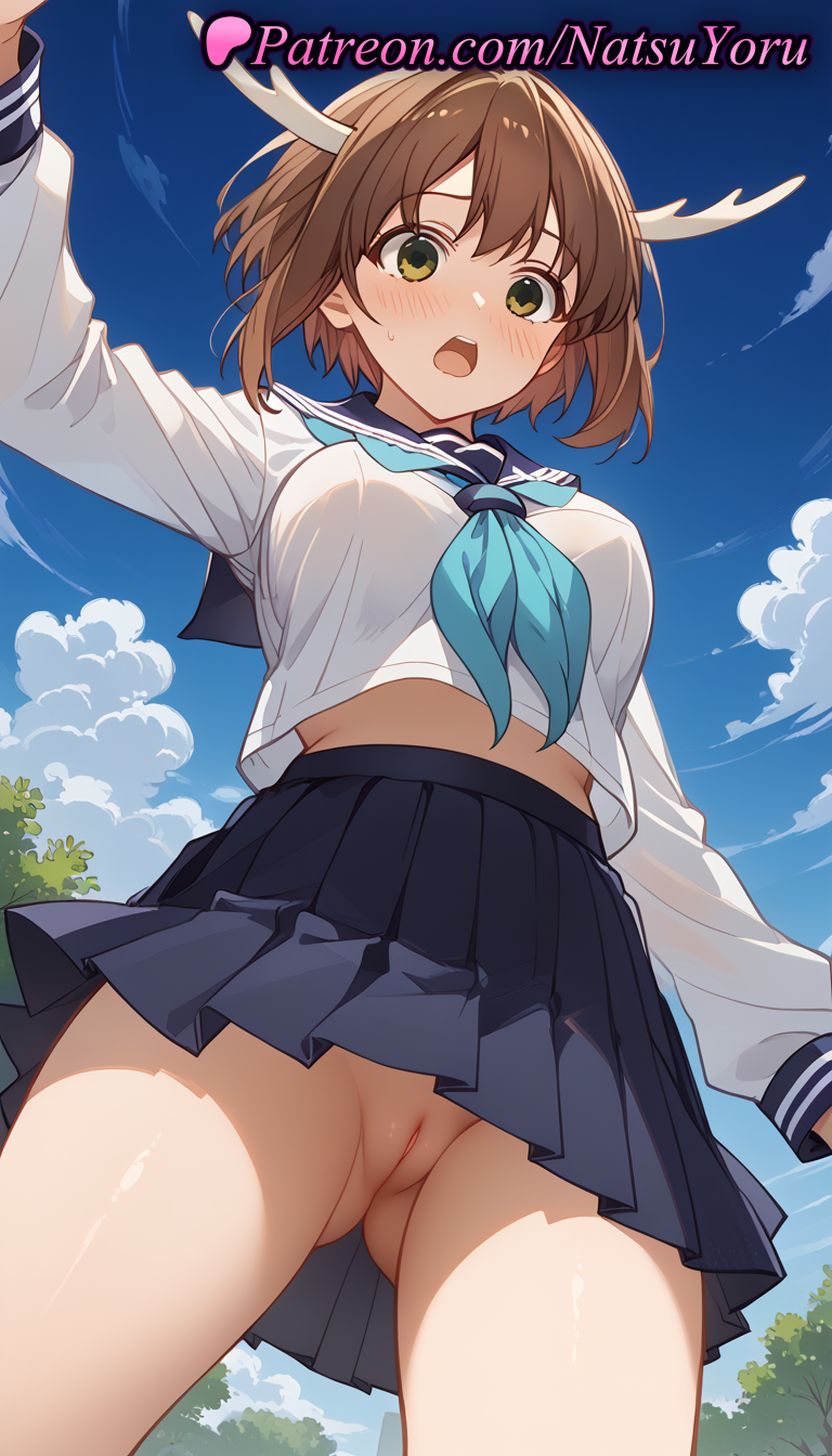 1girls ai_generated anime anime_style antlers arm_up asian ass_visible_through_thighs bangs black_skirt blue_neckerchief blue_sailor_collar blue_skirt blue_sky blush breasts brown_hair bust busty cleft_of_venus cloud cowboy_shot crop_top crop_top_overhang day dragon_horns female female_focus female_only from_below green_eyes hentai horns labia labia_majora large_breasts long_sleeves looking_at_viewer looking_down medium_breasts midriff midriff_peek miniskirt my_deer_friend_nokotan natsuyoru neckerchief no_panties open_mouth outdoors paipan pleated_skirt pussy sailor_collar sailor_uniform school_uniform serafuku shaved_vagina shikanoko_noko shirt short_hair skirt sky solo solo_female sweatdrop thighs uncensored upper_teeth_only upskirt vagina voluptuous voluptuous_female white_shirt yellow_eyes