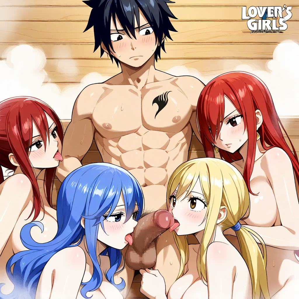 ai_generated erza_scarlet fairy_tail gray_fullbuster harem juvia_lockser lucy_heartfilia sauna