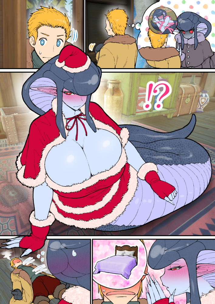 christmas huge_breasts kyabosean2 lamia original original_character snake_girl