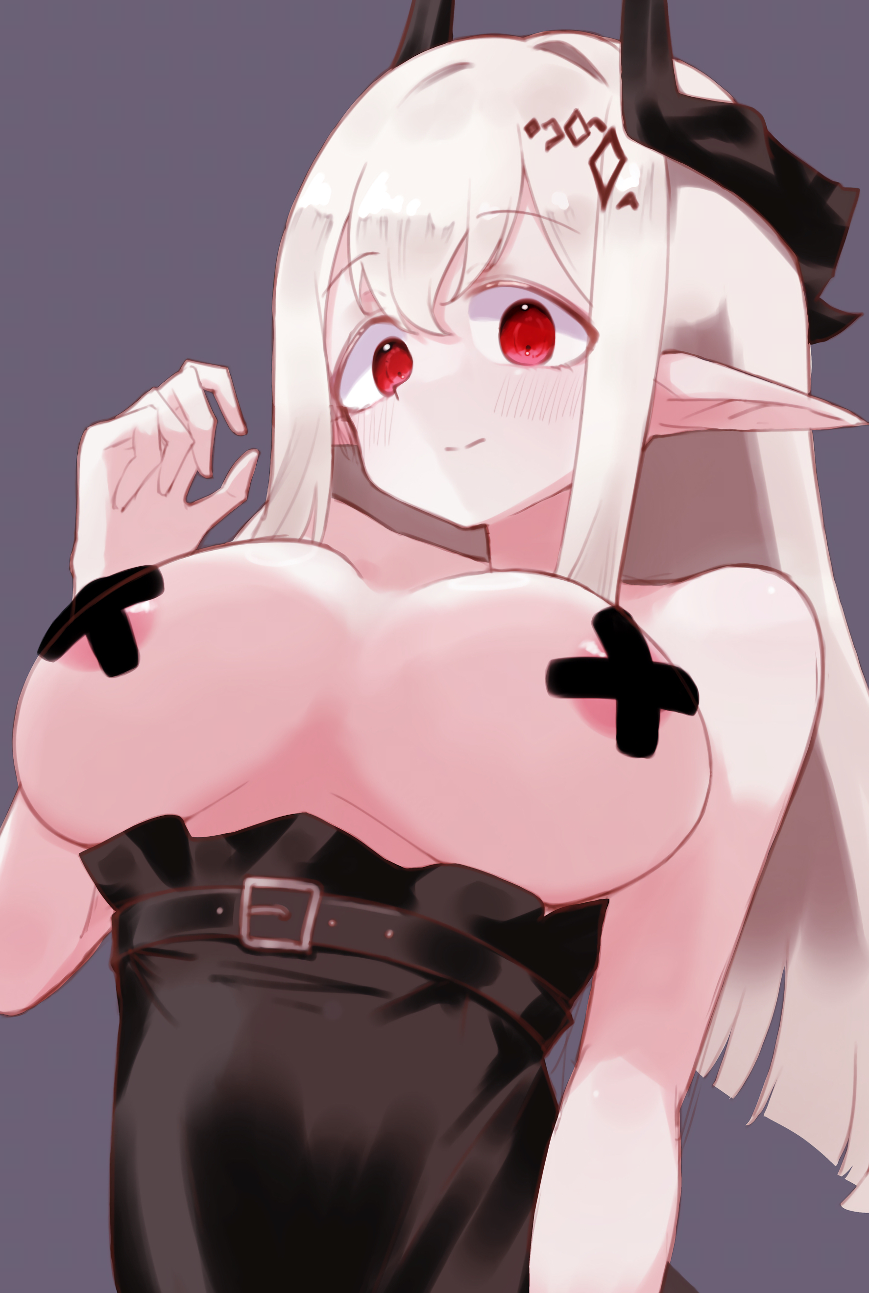 areola slip, arknights, breasts, female, horns, mudrock (arknights), pasties, red eyes, x pasties